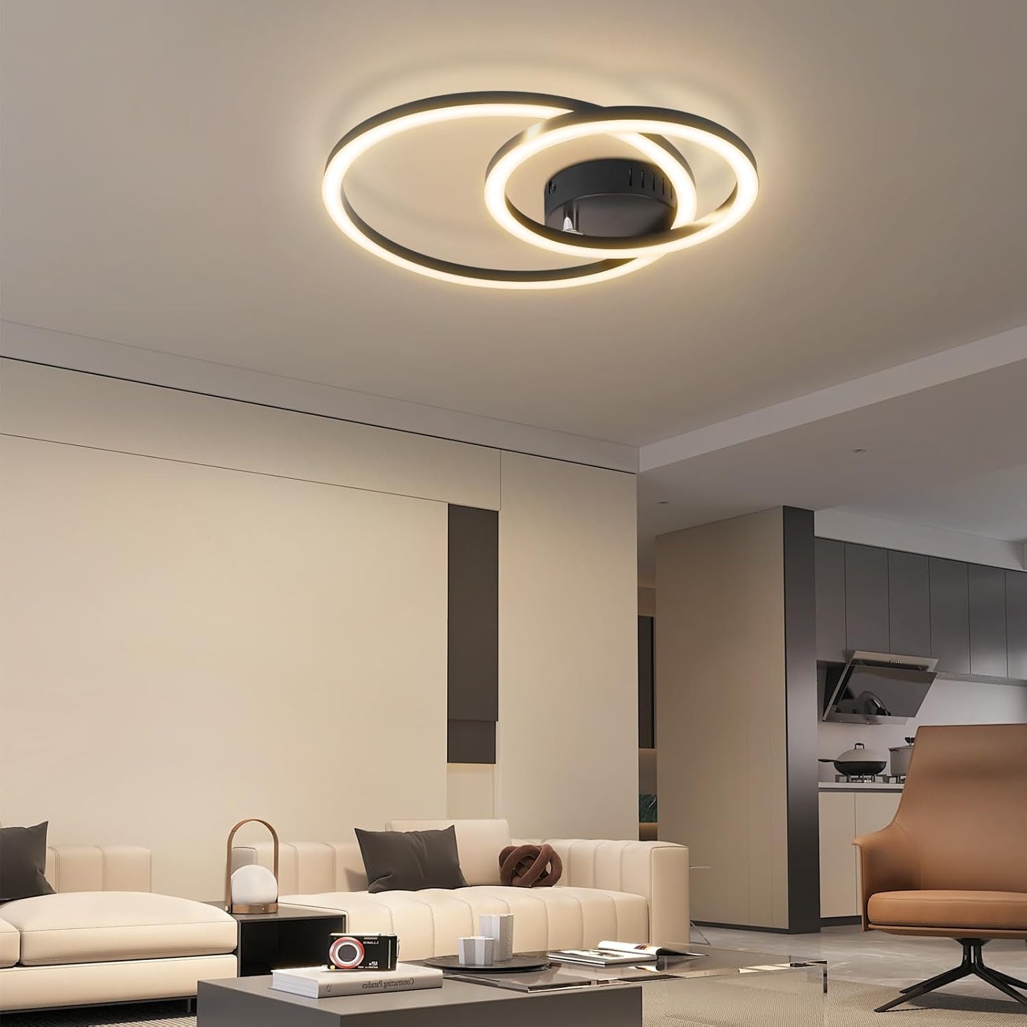 ZMH Deckenleuchte LED Deckenlampe 40cm schwarz Wohnzimmer warmweiß 2-Ringe-Design, LED fest integriert, Warmweiß, LED Deckenlampe