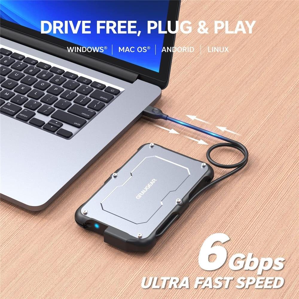 GRAUGEAR Festplatten-Gehäuse USB Type-C externes Gehäuse für 2,5“ SATA SSD, Festplatten Gehäuse für 2,5 Zoll, USB C, silber, wasserfest, IP66