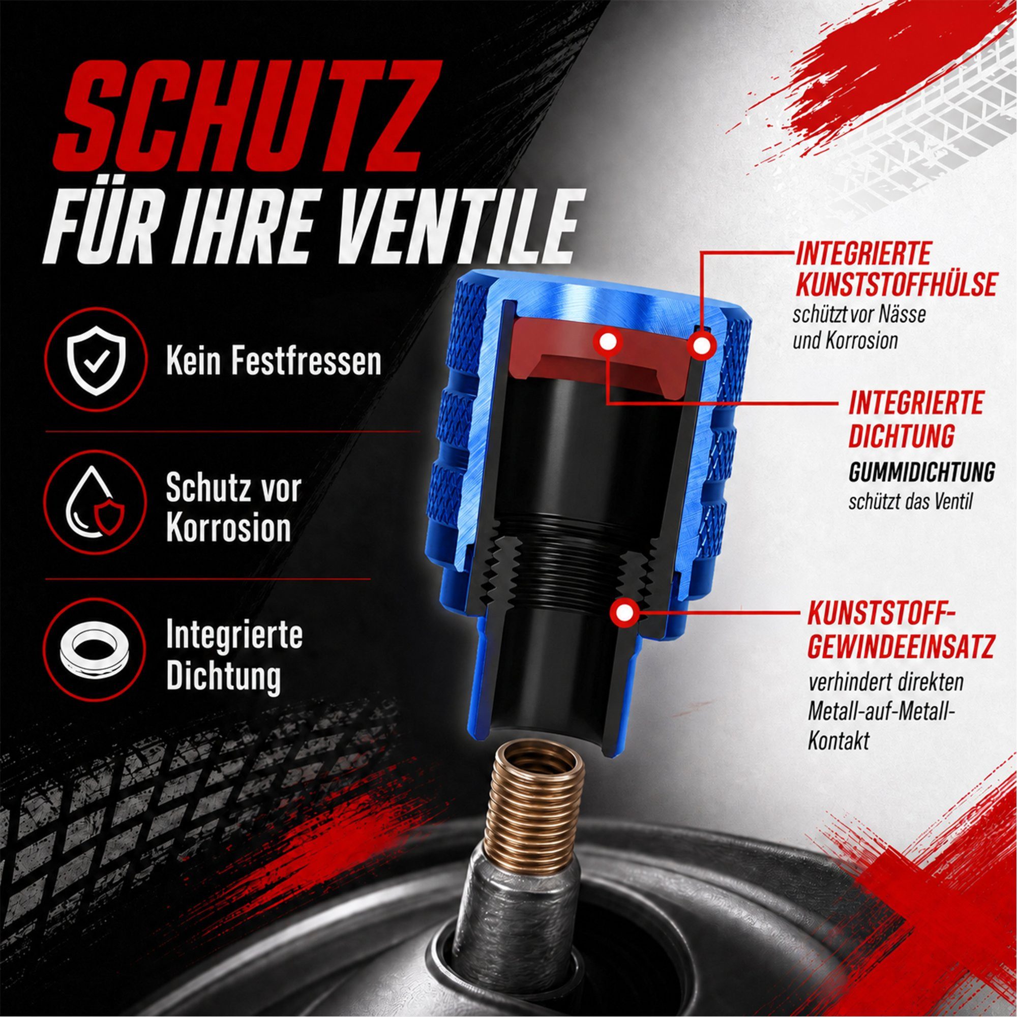 Pitlane Performance Ventilkappe Alu-Ventilkappen für Schrader-Ventile, (Ventilkappen-Set, 4-St., 4 Stück aus Aluminium), Korrosionsschutz und innenliegende Dich – Bild 3 von 5