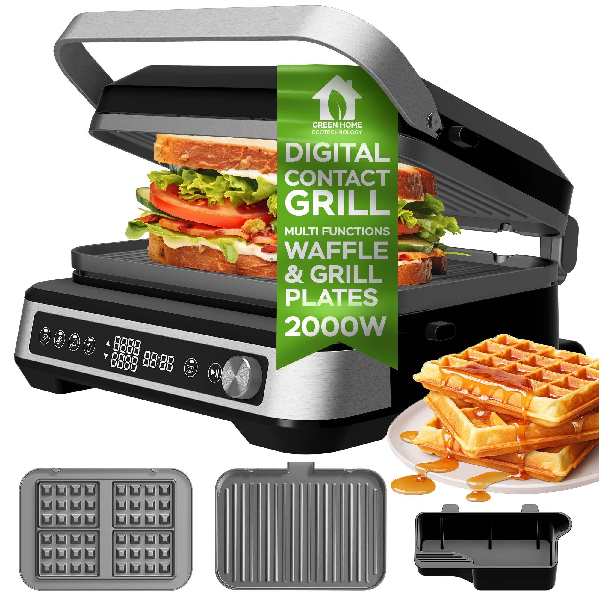 TurboTronic by Z-Line Kontaktgrill mit wechselbaren Grill- & Waffelplatten digital, 180° Öffnung klappbar, 2000 W, Tischgrill für Paninis, Steaks, Burger, Sandwiches, Waffeln, 2000 W