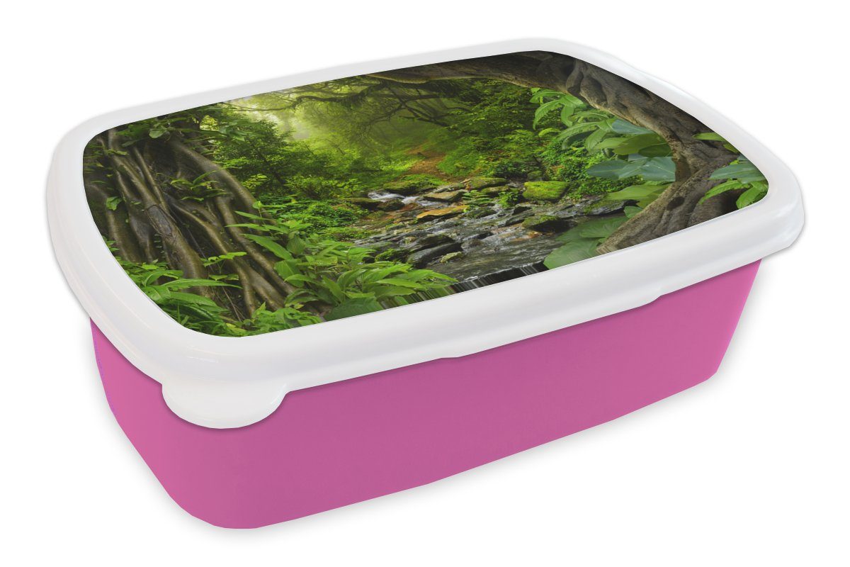 MuchoWow Lunchbox Snackbox, Wasser Kunststoff, Mädchen, Wald (2-tlg), Natur Kunststoff - Tropisch, Brotbox Brotdose - - für rosa Erwachsene, - Dschungel Kinder,