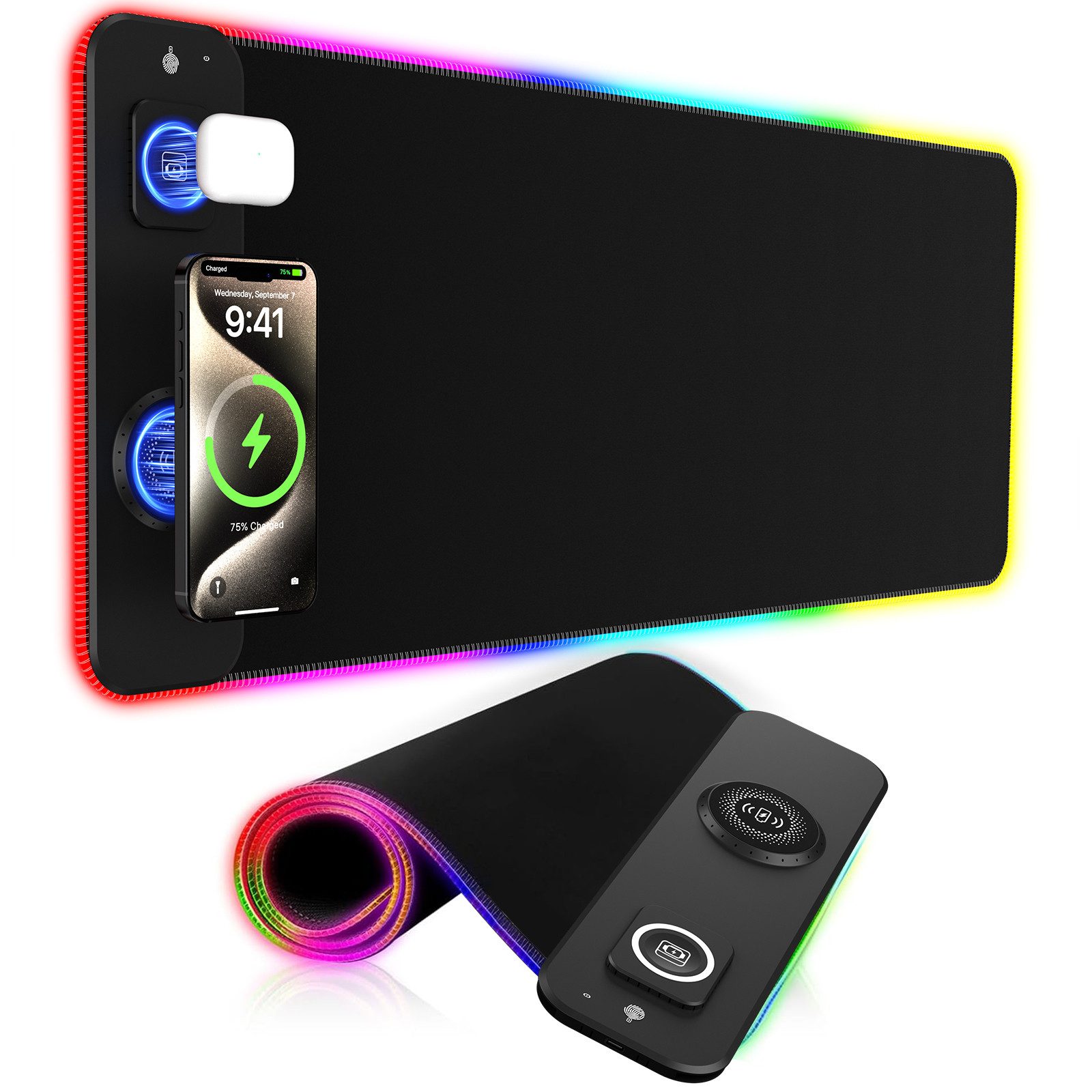 Rayofi Gaming Mauspad RGB 3-IN-1-Ladefunktio Mousepad,14 Beleuchtungsmodi (mit 15W Schnellladung Qi Электропроводloses Laden für iPhone Handy,Kopfhörer, Apple Watch, Wasserdicht), Rutschfest für Gaming, Schreibtische, 800 x 300 mm