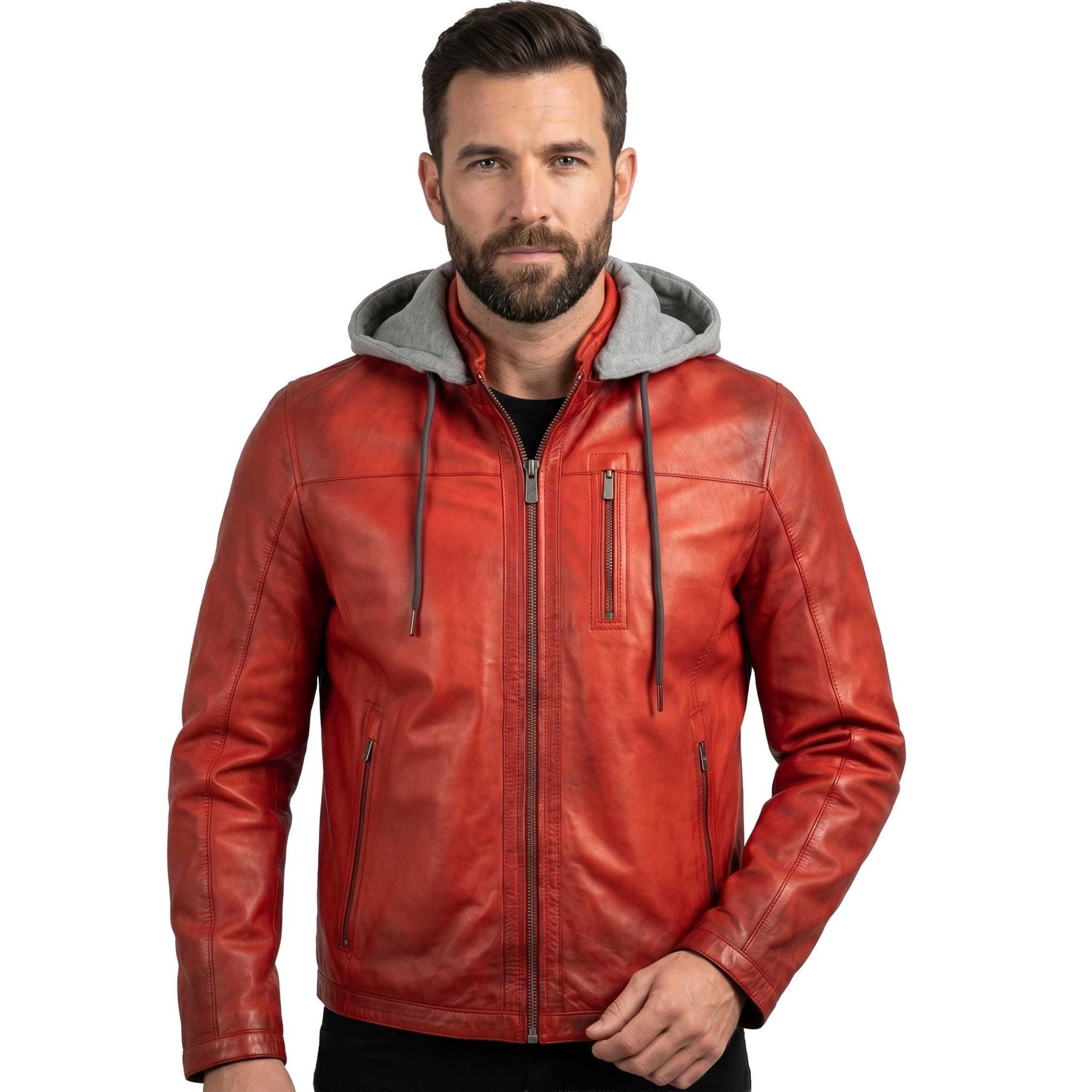 Jilani Lederjacke Cody Jilani - Herren Lederjacke Kapuze Lammnappa rot – Bild 2 von 5