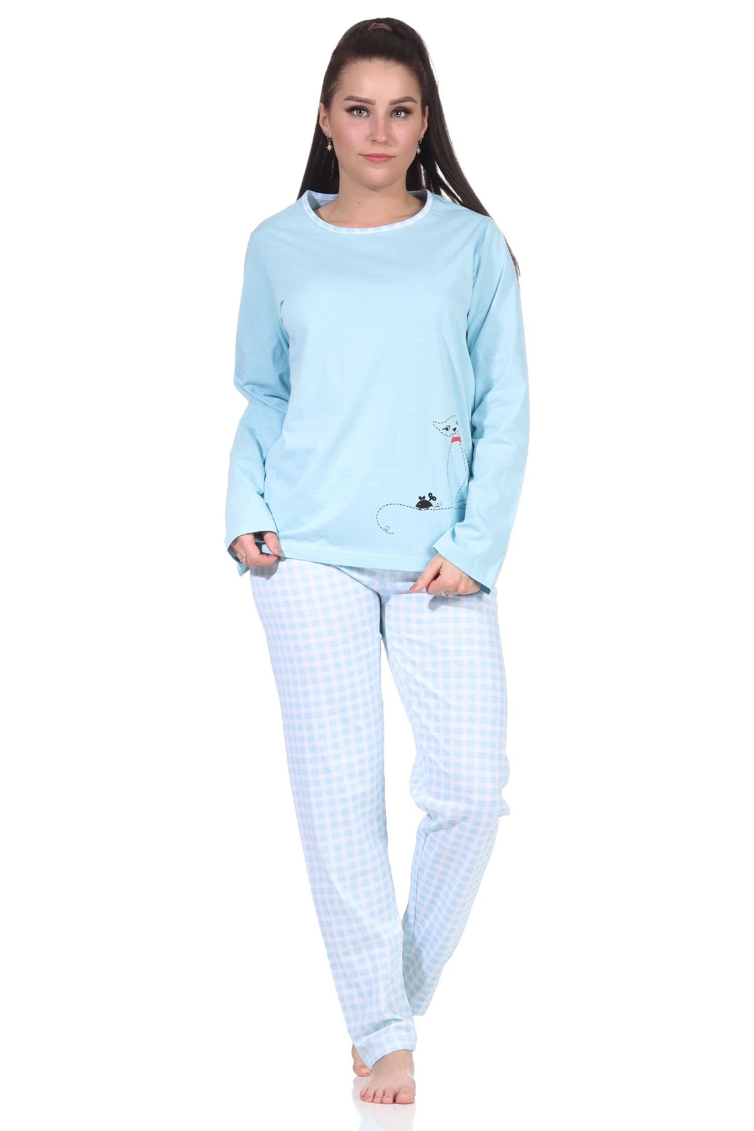 RELAX by Normann Pyjama »Damen langarm Schlafanzug Pyjama mit süssen Katzen  Motiv und karierter Jersey Hose« online kaufen | OTTO