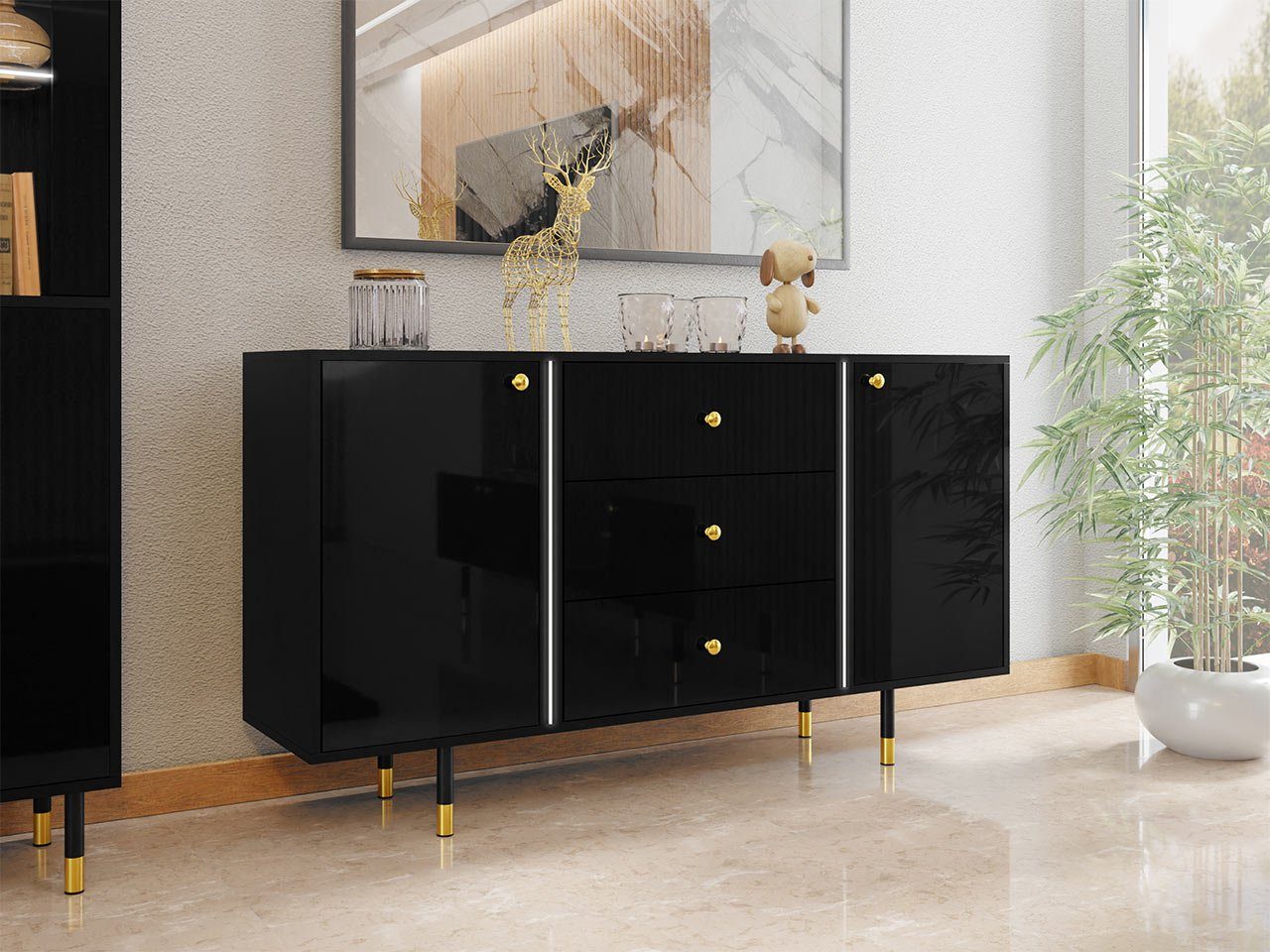 Mirjan24 Kommode 'Serkuzo 3D 160' Mit 3 Türen – Griffloses Push-to-Open System, Soft-Close & Blauer LED-Beleuchtung, Sideboard In Schwarz/Hochglanz