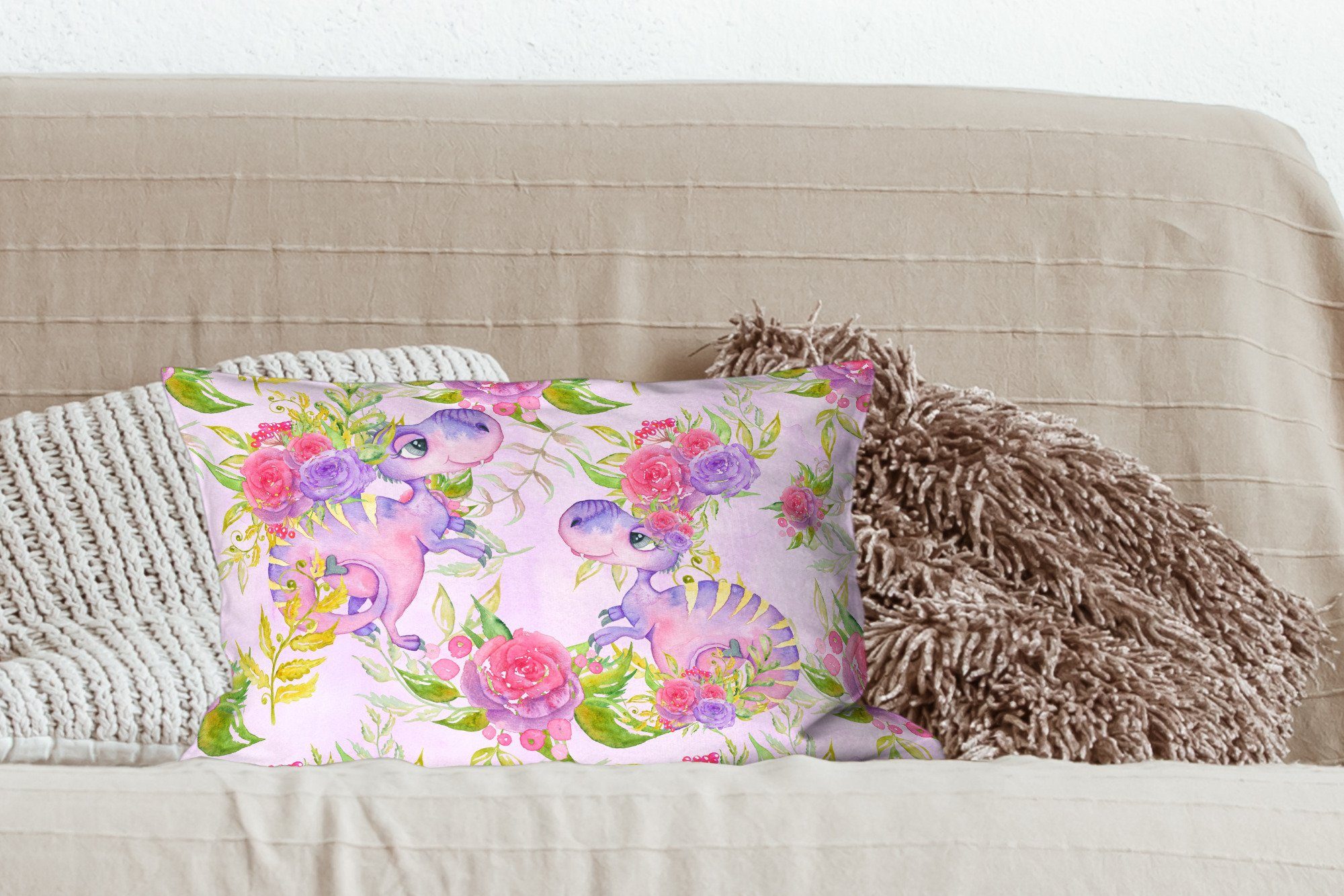 Zierkissen, Wohzimmer Dekokissen Mädchen Mädchen, Kinderzimmer Dekokissen MuchoWow - - - Dekoration, Rosa Blumen mit Schlafzimmer Dinosaurier Füllung, - -