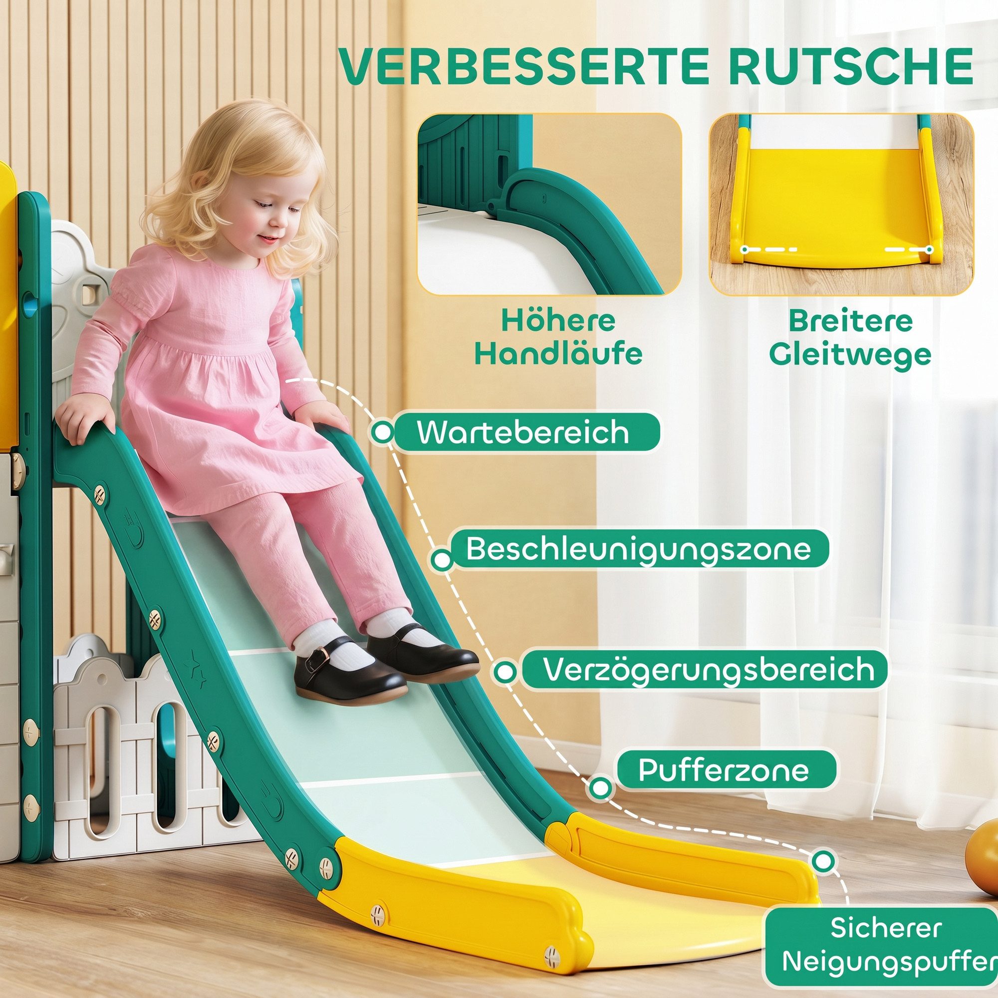 AIYAPLAY Rutsche Klettergerüst 7 in 1 Babyrutsche mit Basketballkorb, Tunnel, (Spielplatz, 1-tlg., Kinderrutsche), für Kleinkinder 1-3 Jahre, Gelb – Bild 4 von 5