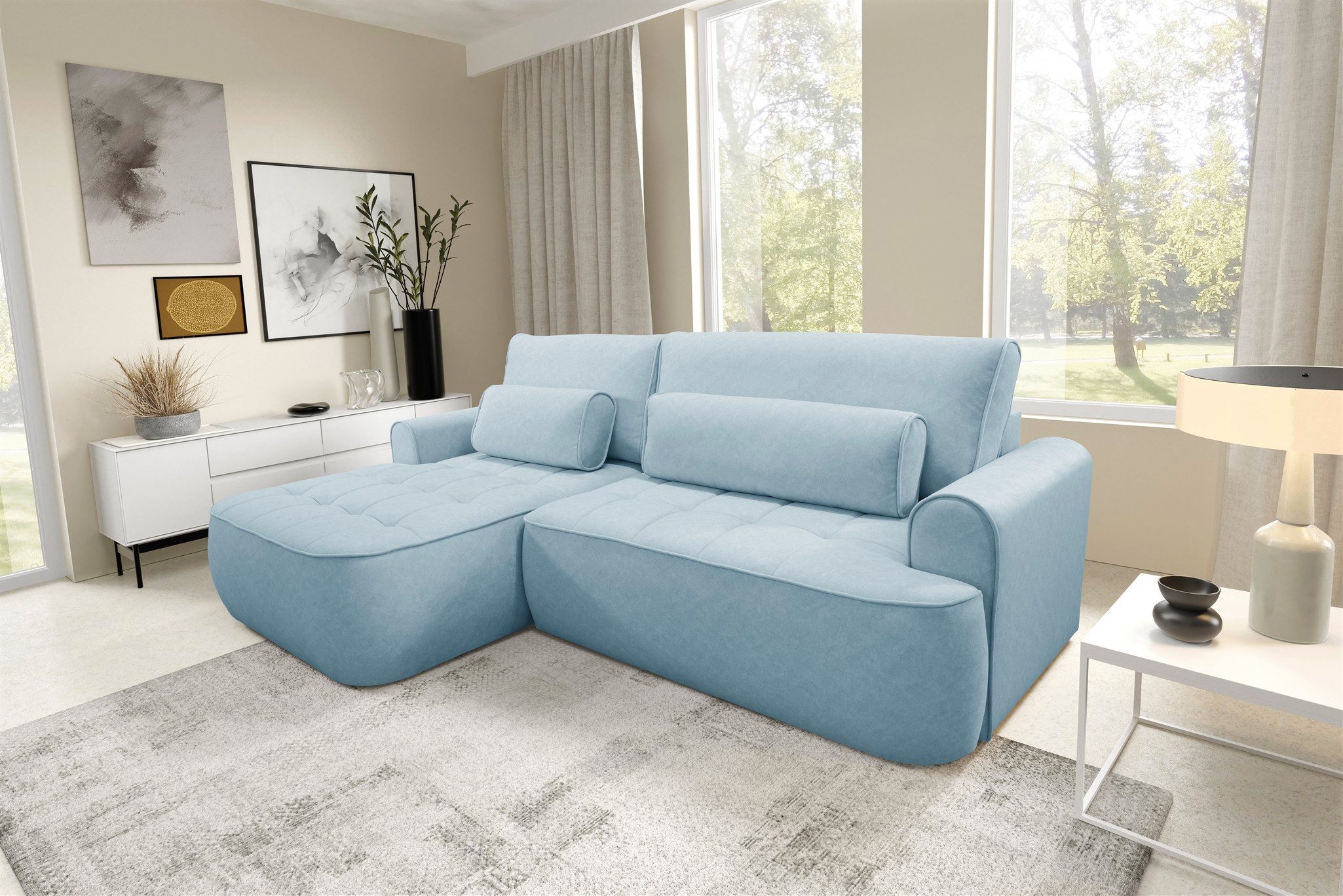 Fun Möbel Ecksofa Sofa mit Schlaffunktion HUNTER Sofa in Velourstoff Cloud, mit Ottomane Links oder Rechts, inkl. 2 x Zierkissen, Sofa rücken echt bezogen