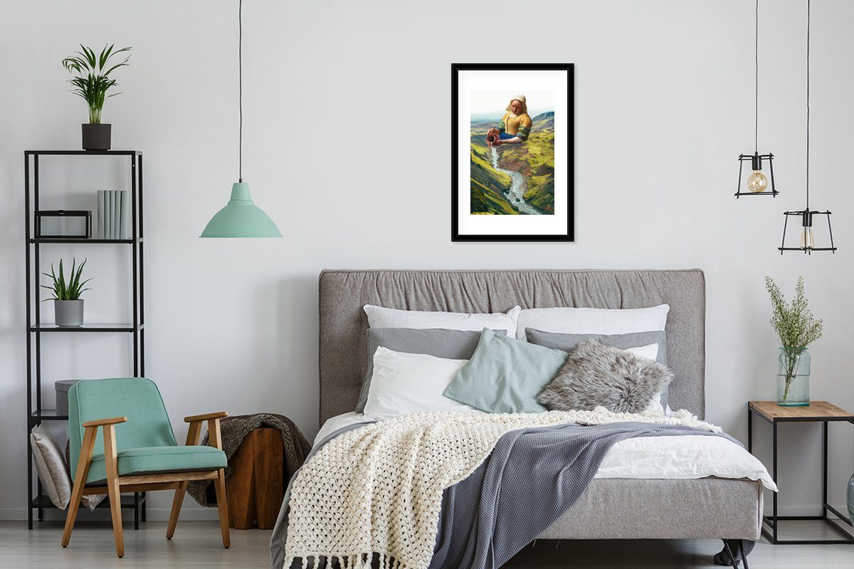 MuchoWow Poster Milchmädchen - Bilderrahmen Vermeer, Rahmen, Kunstdruck, mit Gerahmtes Poster, St), (1 - Schwarzem Natur