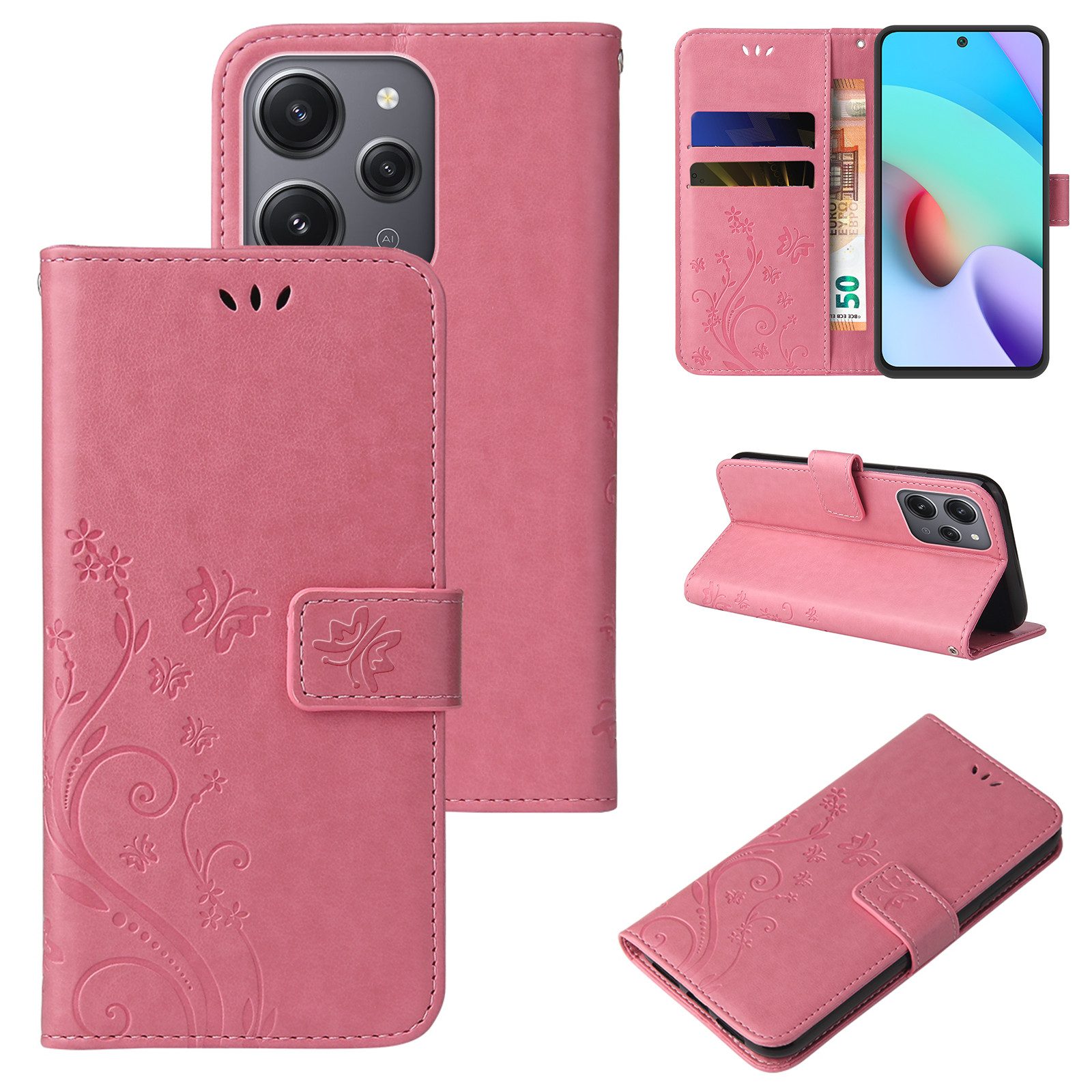 Tec-Expert Handyhülle Cover Tasche Hülle für Xiaomi Redmi 12 6,79 Zoll, Klapphülle Case mit Kartenfach Fliphülle aufstellbar, Motiv Blumen