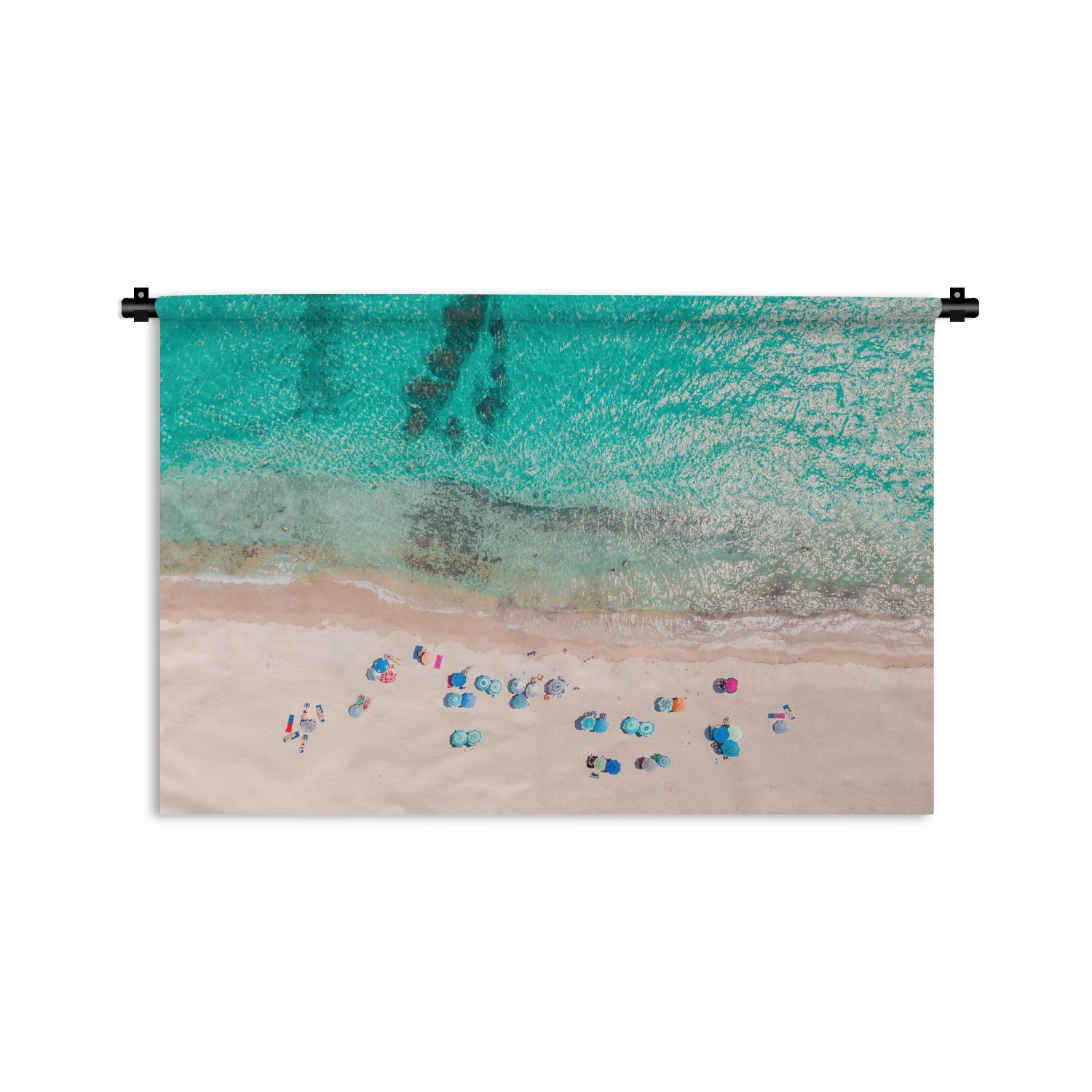 MuchoWow Wanddekoobjekt Meer - Strand - Sommer - Sonnenschirme - Blau, Wanddeko für Wohnzimmer, Schlafzimmer, Kleid, Wandbehang, Kinderzimmer