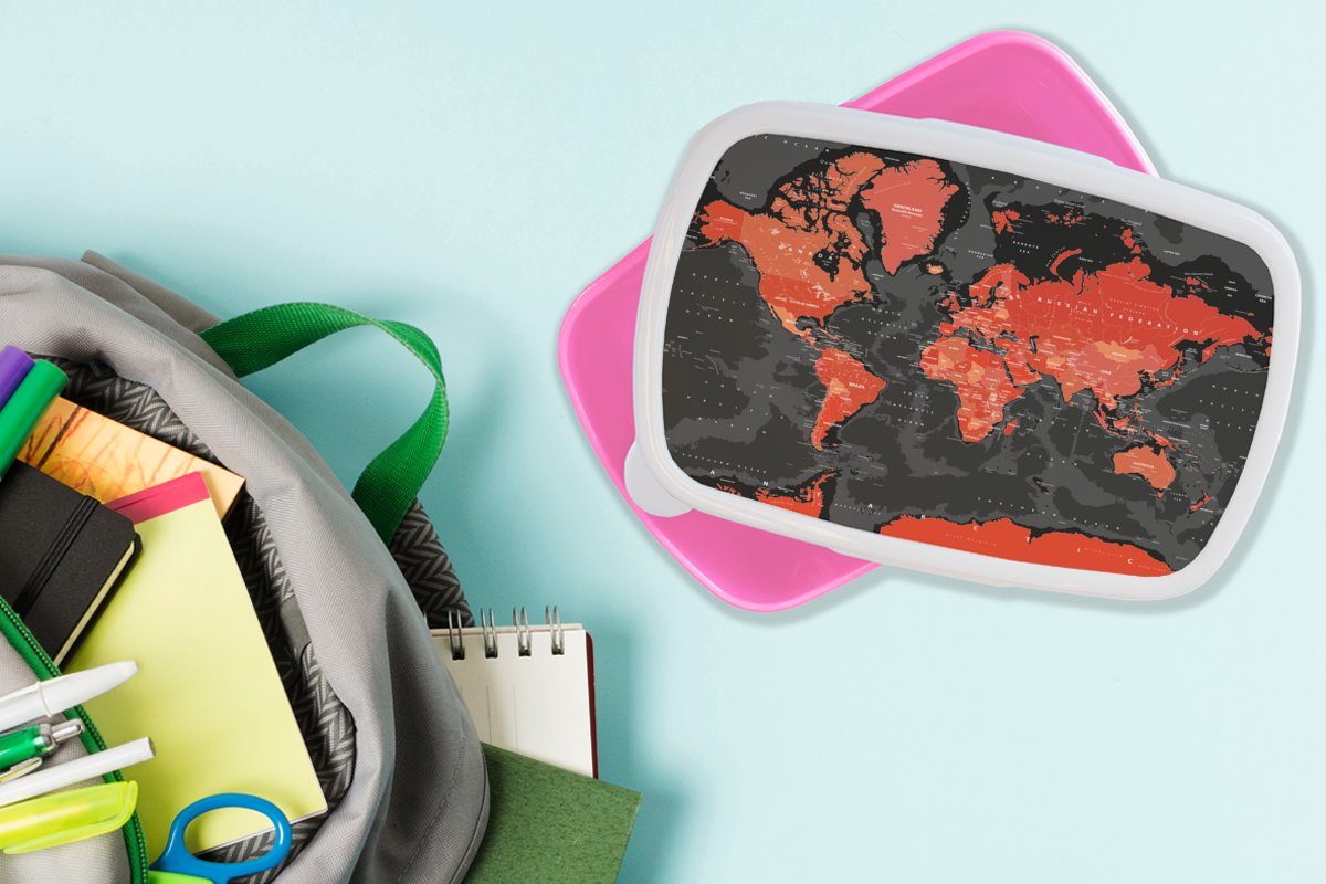 Brotdose - Lunchbox Schwarz Weltkarte - - Kunststoff, Erwachsene, - Mädchen, Mädchen, rosa MuchoWow Kind (2-tlg), Rot Brotbox - Kunststoff Snackbox, für Kinder, Kind