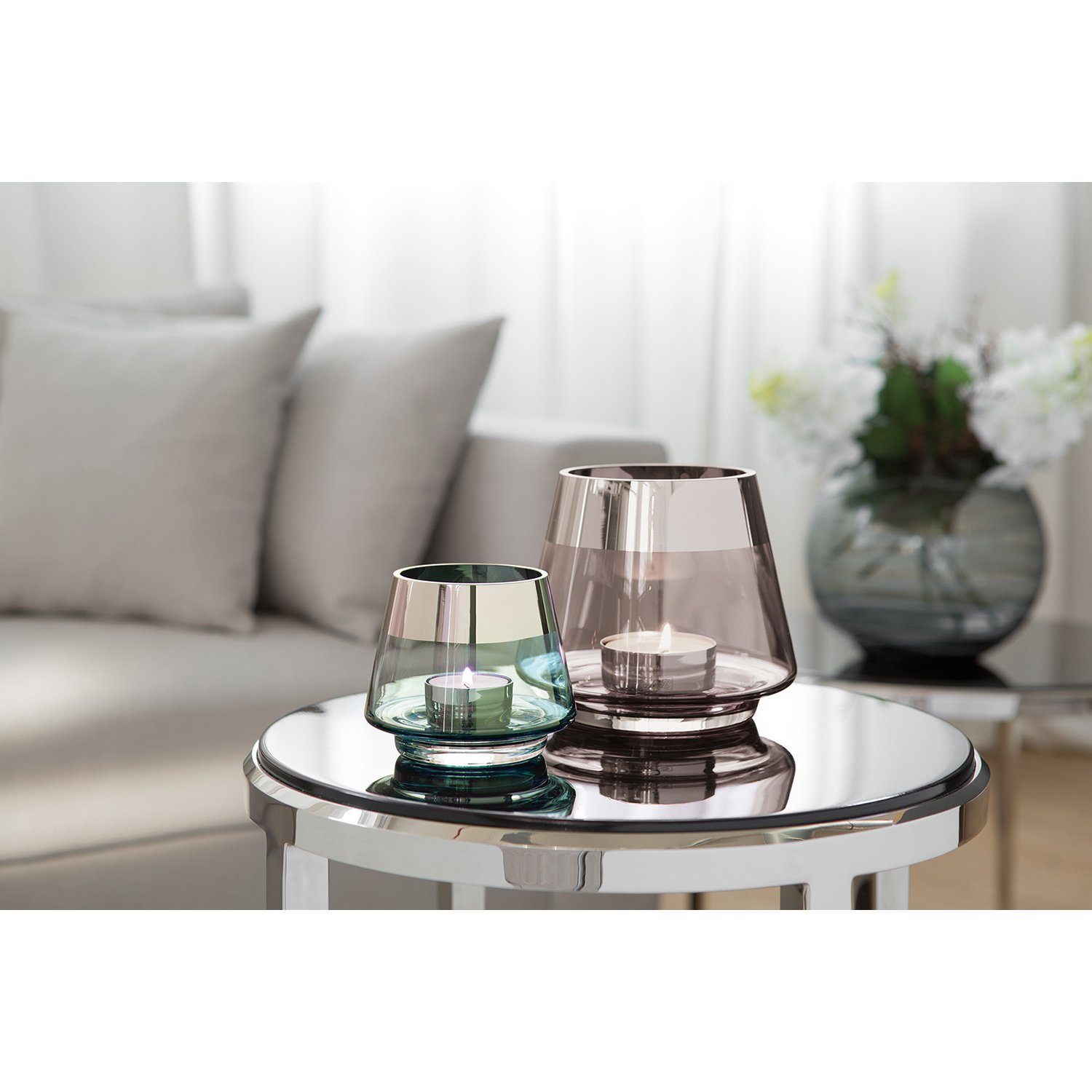 Fink Teelichthalter JONA Teelichthalter - H.13cm - Glas/Silberfolie - grau/silberfarben (1xTeelichthalter, 1 St., Leuchte - Geschenk für Frauen), Windlicht Teelicht Kerzenhalter - Eleganter Kerzenleuchter für Zuhause