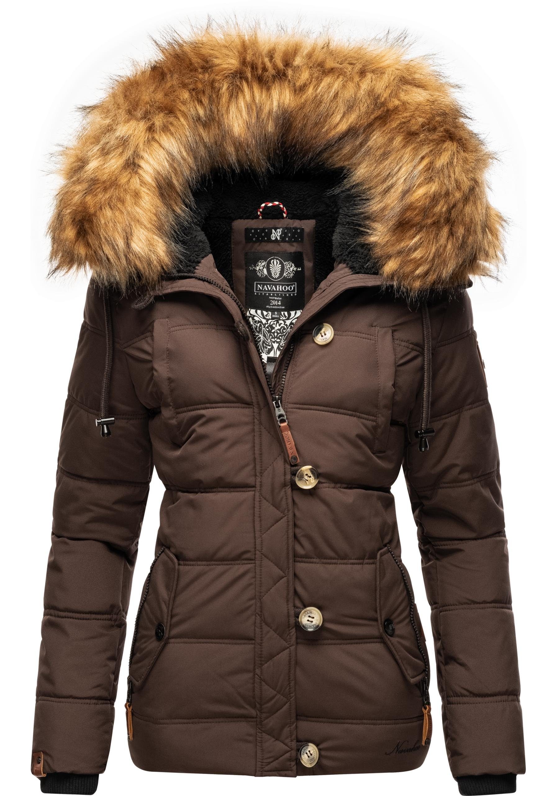 stylische dunkelbraun Steppjacke Kapuze Zoja Winterjacke Kunstpelz mit Navahoo