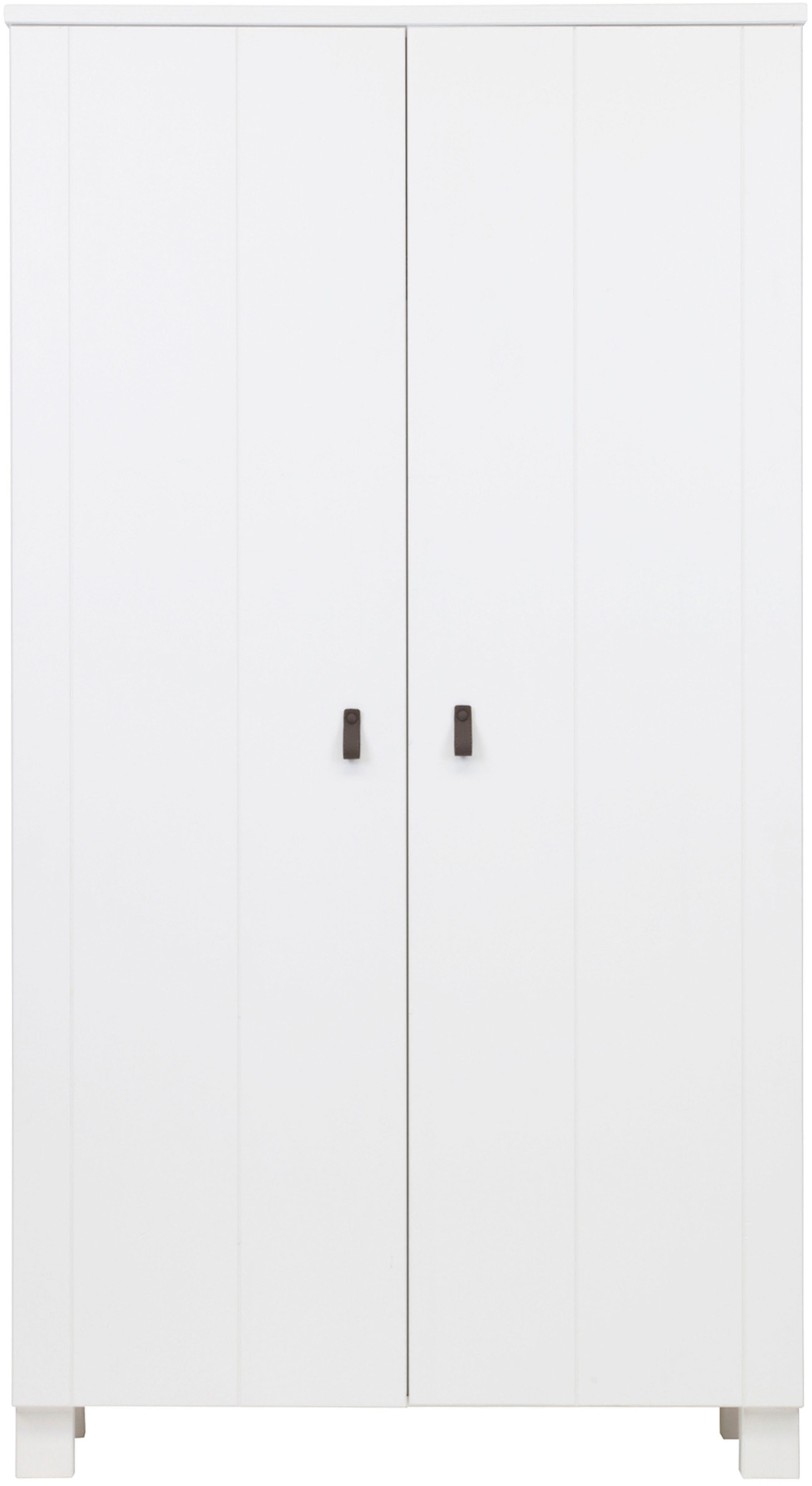 WOOOD Garderobenschrank Ties FSC®-Kiefernholz gebürstet mit Ledergriffen, H202 x B111 x T55 cm V-Nuten-Türen, Tragkraft 10 kg pro Einlegeboden, Melamininterieur