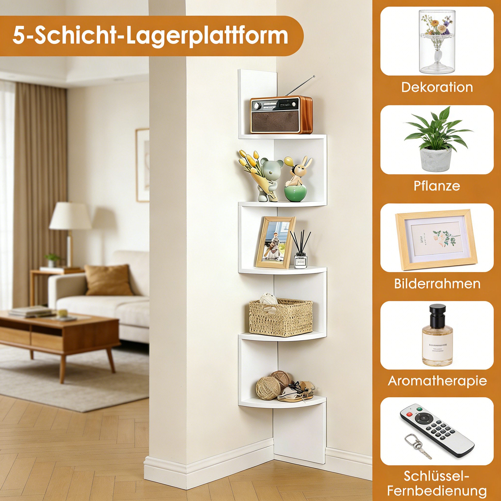 BlingBin Eckregal Wandregal 5 Ebenen Zickzack Schweberegal Bücherregal Pflanzenregal, Schweberegal 2-tlg., CD DVD Regal, Wanddeko mit 5 Ablagen für Wohnzimmer Schlafzimmer Küche