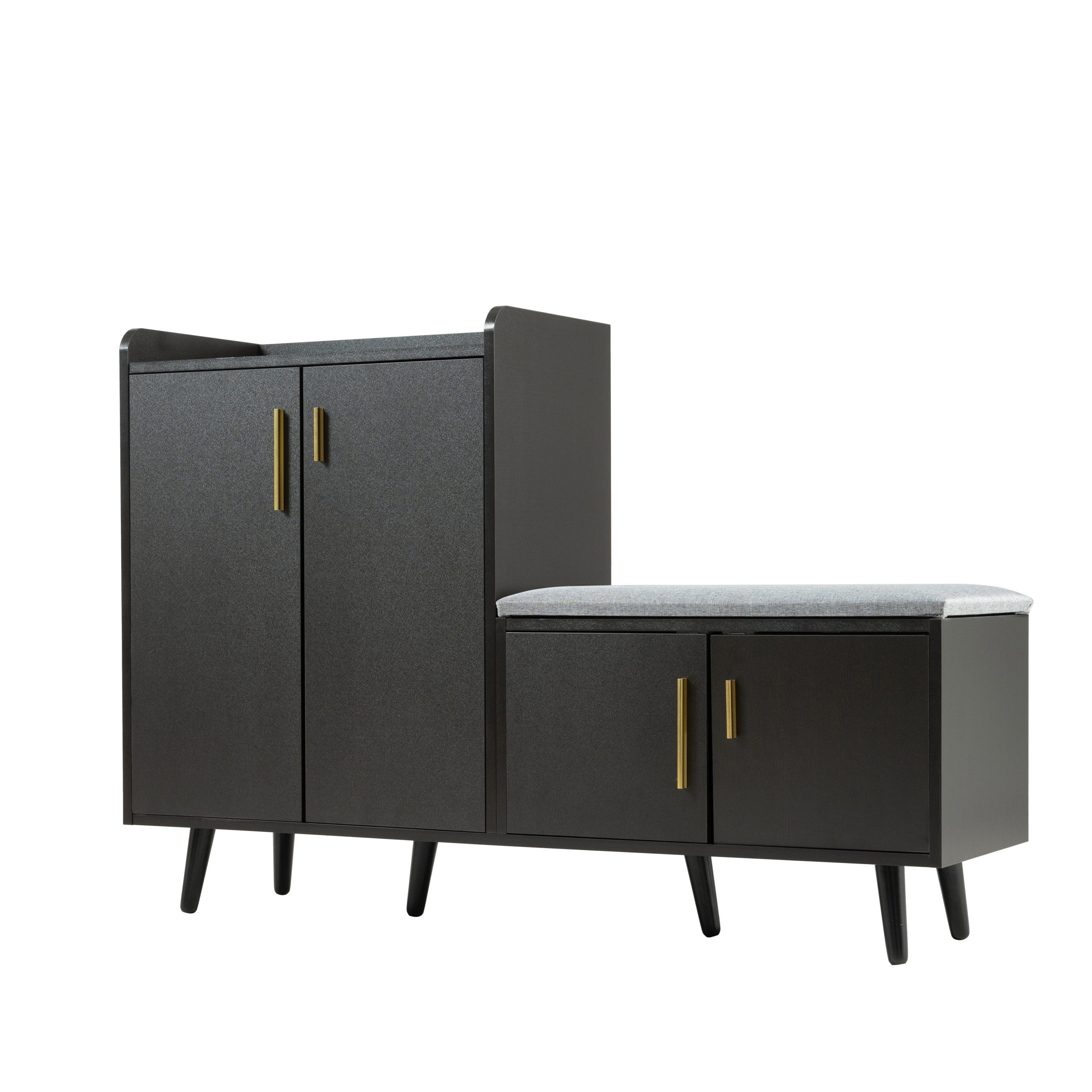 Tongtong Schuhschrank Moderner Schuhbänke mit Holzmaserung, asymmetrischen Metallgriffen (Schuhtruhe Sitzbank mit vier Stauraumtüren, 1-St., 4 Türen, 120x34x82cm) mit Sitzbank, asymmetrischen Metallgriffen,Schwarz