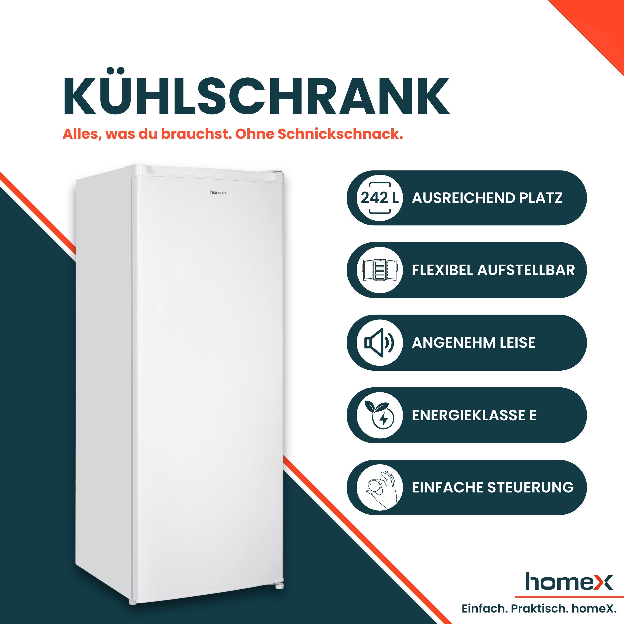 homeX Kühlschrank CS2422E-W, 143 cm hoch, 54.5 cm breit, 242 L, Vollraumkühlschrank ohne Gefrierfach groß, freistehend, 37 dB