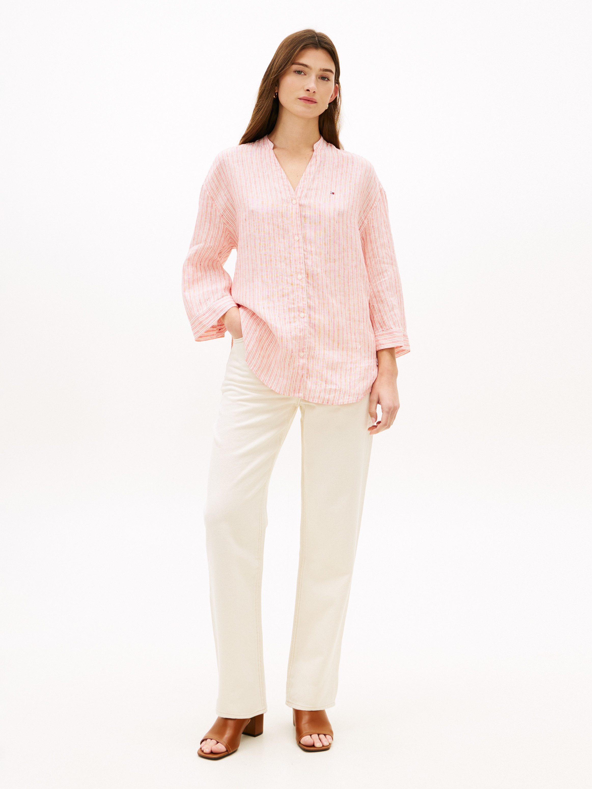 Tommy Hilfiger Shirtbluse ESS LINEN COLLARLESS SHIRT mit Logo-Stickerei