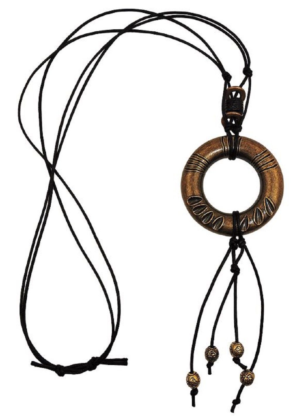 Collier Kette Ring Kunststoff Altmessingfarben Baumwollkordel schwarz 90 cm