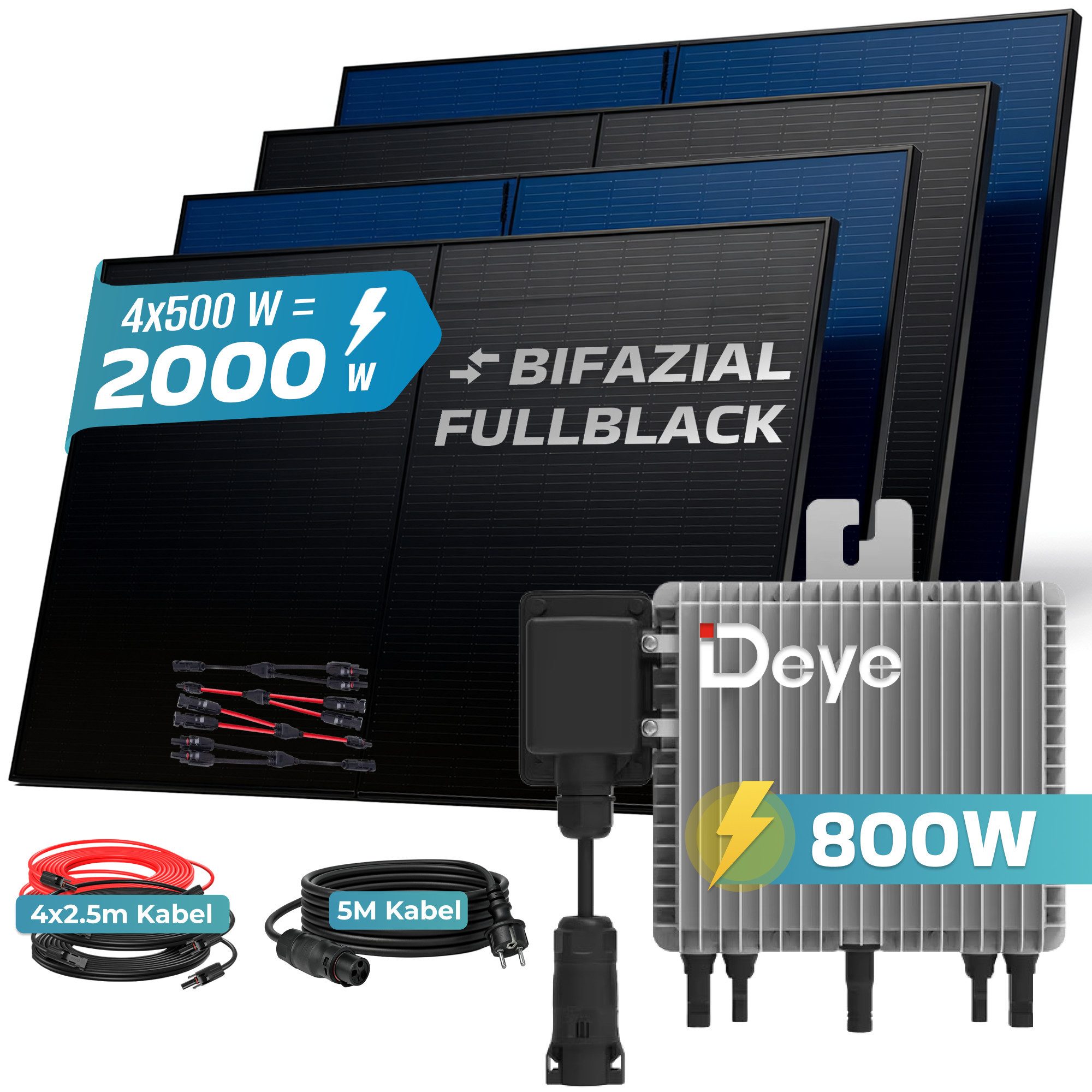 SUNNIVA Balkonkraftwerk 2000W Balkonkraftwerk BIFAZIAL FULLBLACK komplett Steckdose, (DEYE 800W Wechselrichter, PV Solaranlage, 4x 500W Glas Solarmodule, inkl.  – Bild 2 von 5