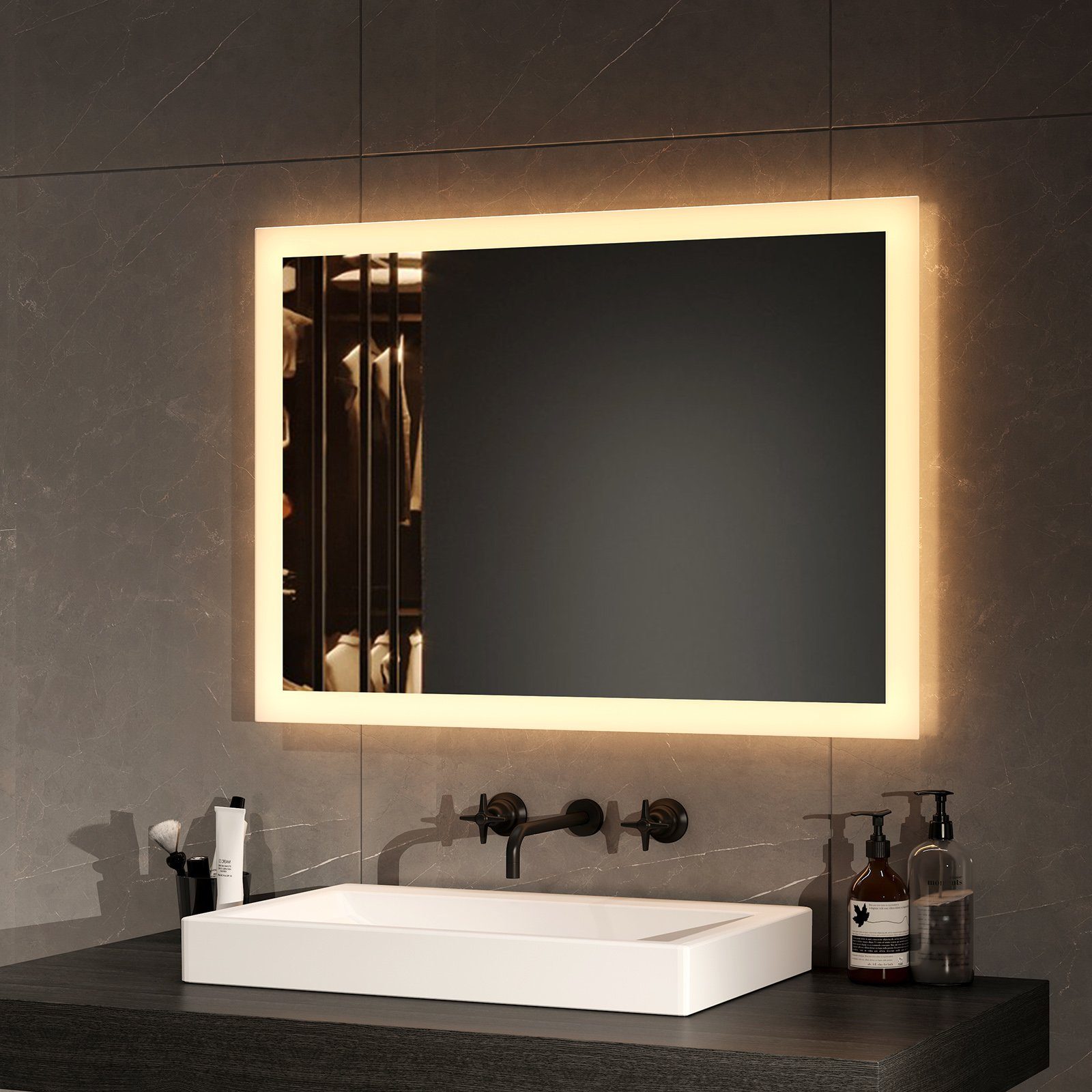 EMKE Badspiegel Badezimmerspiegel LED Badspiegel mit beleuchtung Wandspiegel (Vertikal und Horizontal möglich, Wandschalter), mit Warmweiß Licht 3000K IP44, ohne Stauraum