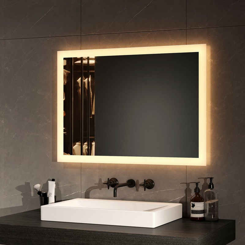 EMKE Badspiegel Badezimmerspiegel LED Badspiegel mit beleuchtung Wandspiegel, mit Warmweißer 3000K und Wandschalter