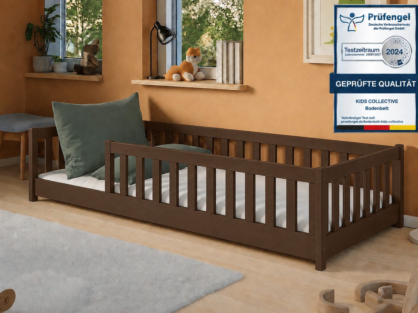 Kids Collective Kinderbett Bodenbett Bett mit Rausfallschutz & Lattenrost Montessori Bett Kinder (weitere Größen 90x200, 120x200, 140x200 cm), Gitterbett Jugendbett Einzelbett Zartbitterschokolade 80x160 cm