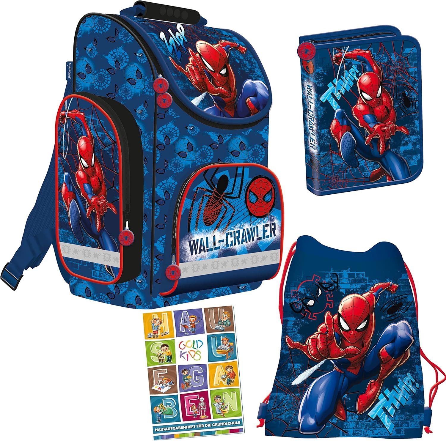 GOLDKIDS Schulranzen Set Spiderman Marvel Ranzen Federmappe Turnbeutel (Aufgabenheft für die Grundschule 4er, 1-tlg., Set. Geeignet ab der ersten Klasse der), Grundschule