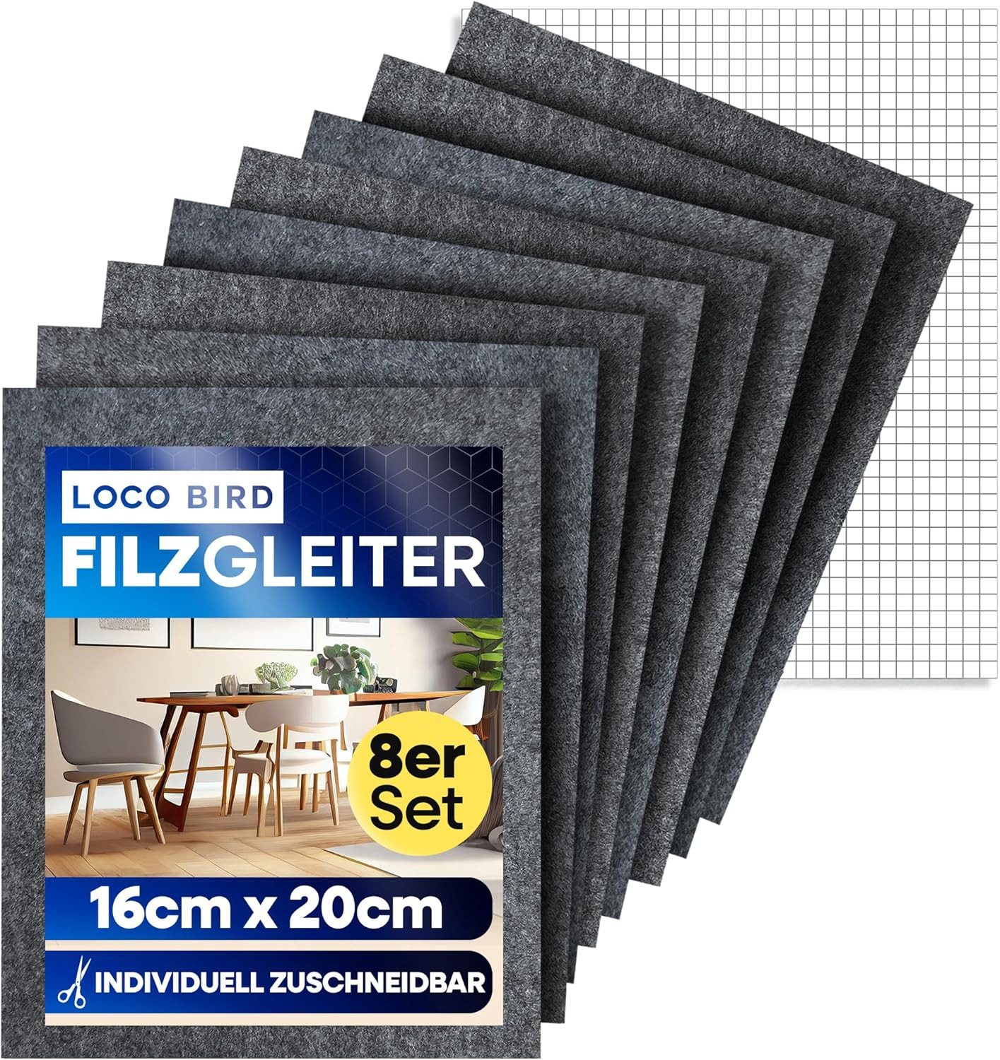 Loco Bird Filzgleiter Stühle Selbstklebend zum Zuschneiden - 8 Stück 16 x 20cm - 4mm schwarz, (Spar-Set, 8 St), Möbelgleiter, Parkettschoner für Stuhlbeine, Filzplatten, Bodenschoner