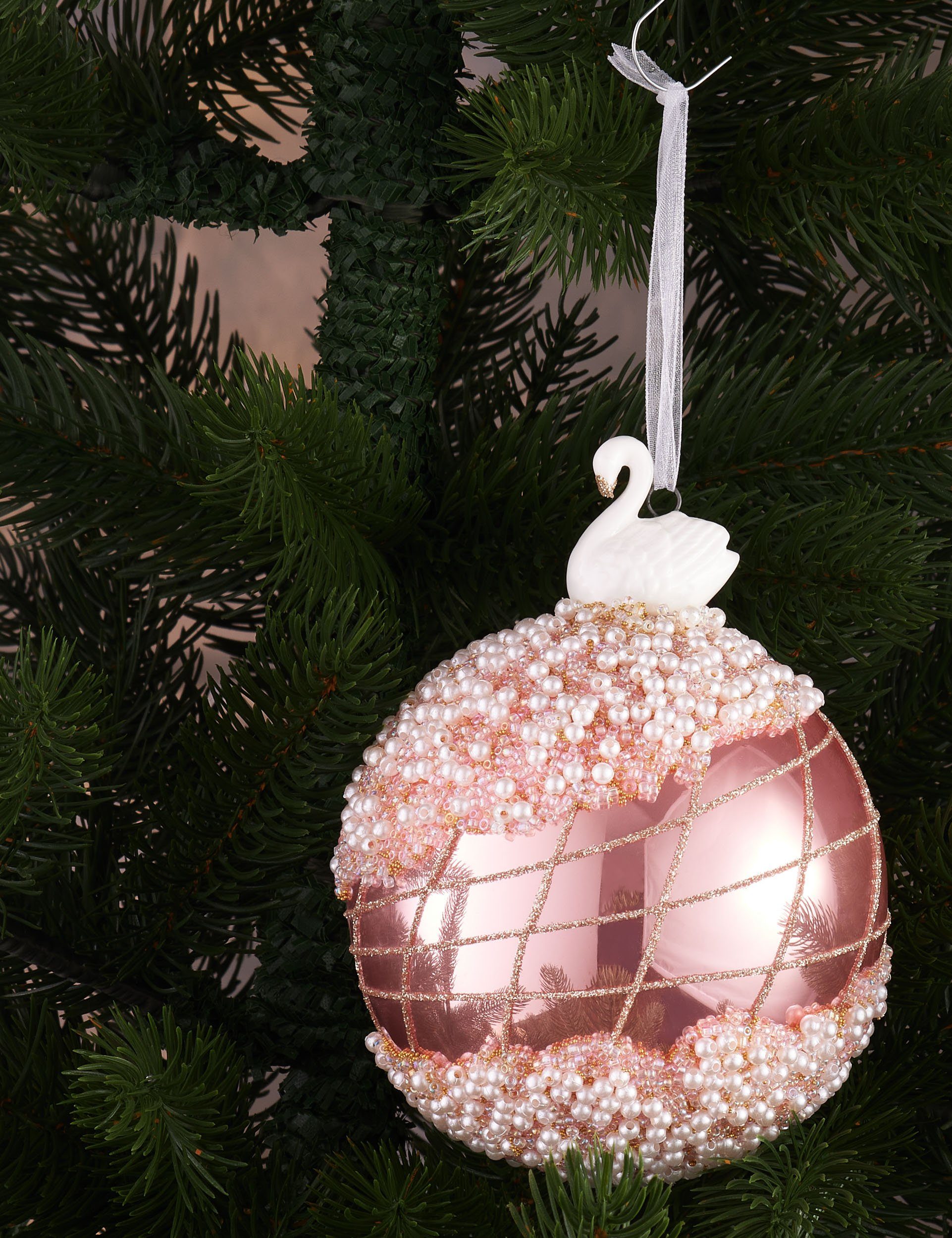 aus Handdekorierte (1 Porzellan Weihnachtskugel St), Premium Perlen BRUBAKER Figur Baumkugel Rosa mit Christbaumschmuck mit 10 - Glitzer Weihnachtsbaumkugel cm Dekorationen Glas und