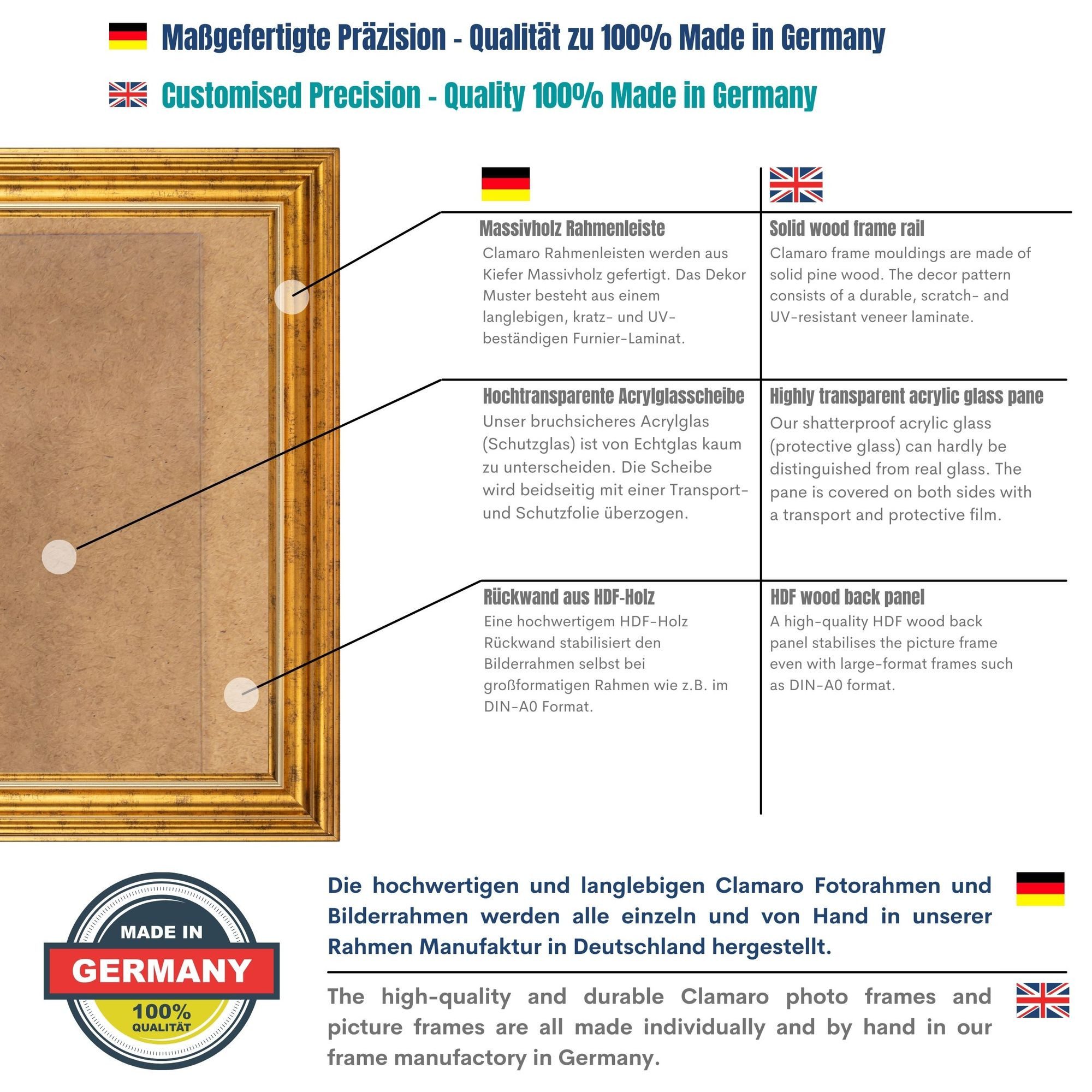 Clamaro Bilderrahmen, Bilderrahmen Antik Massivholz 'GENUA' GOLD BRAUN CLAMARO