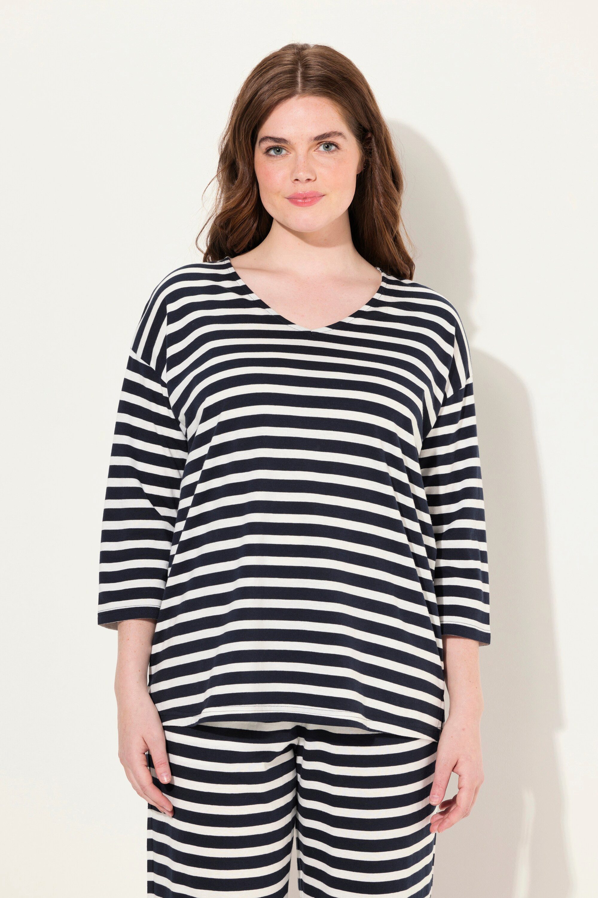 Pyjama Pyjama-Shirt Ringel V-Ausschnitt 3/4-Arm