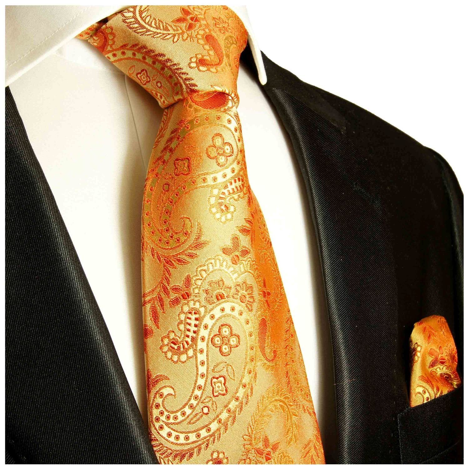 Breit mit Herren Krawatte Seide Paul und 2-St., Einstecktuch) (8cm), Seidenkrawatte 916 100% paisley orange Tuch Krawatte brokat (Set, Malone