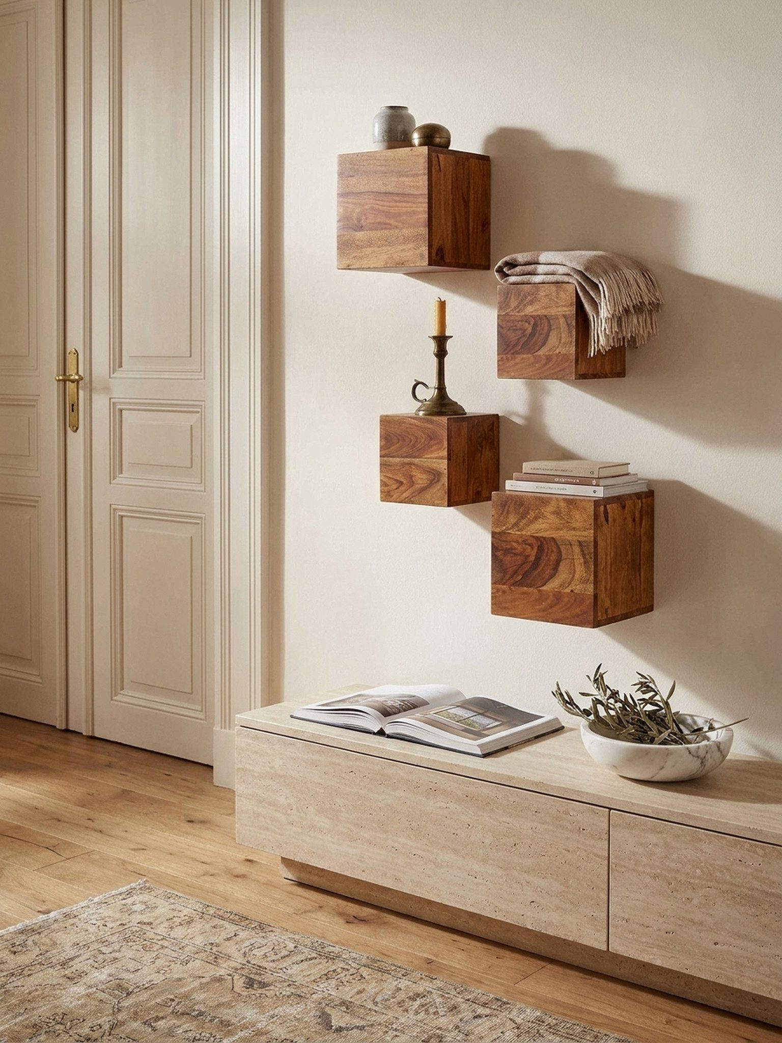 KADIMA DESIGN Wandregal 4er Set Wandregale MUMBAI Massivholz Holzregal Landhaus-Stil, Hängeregal 25cm und 20cm Echt-Holz Wandboard
