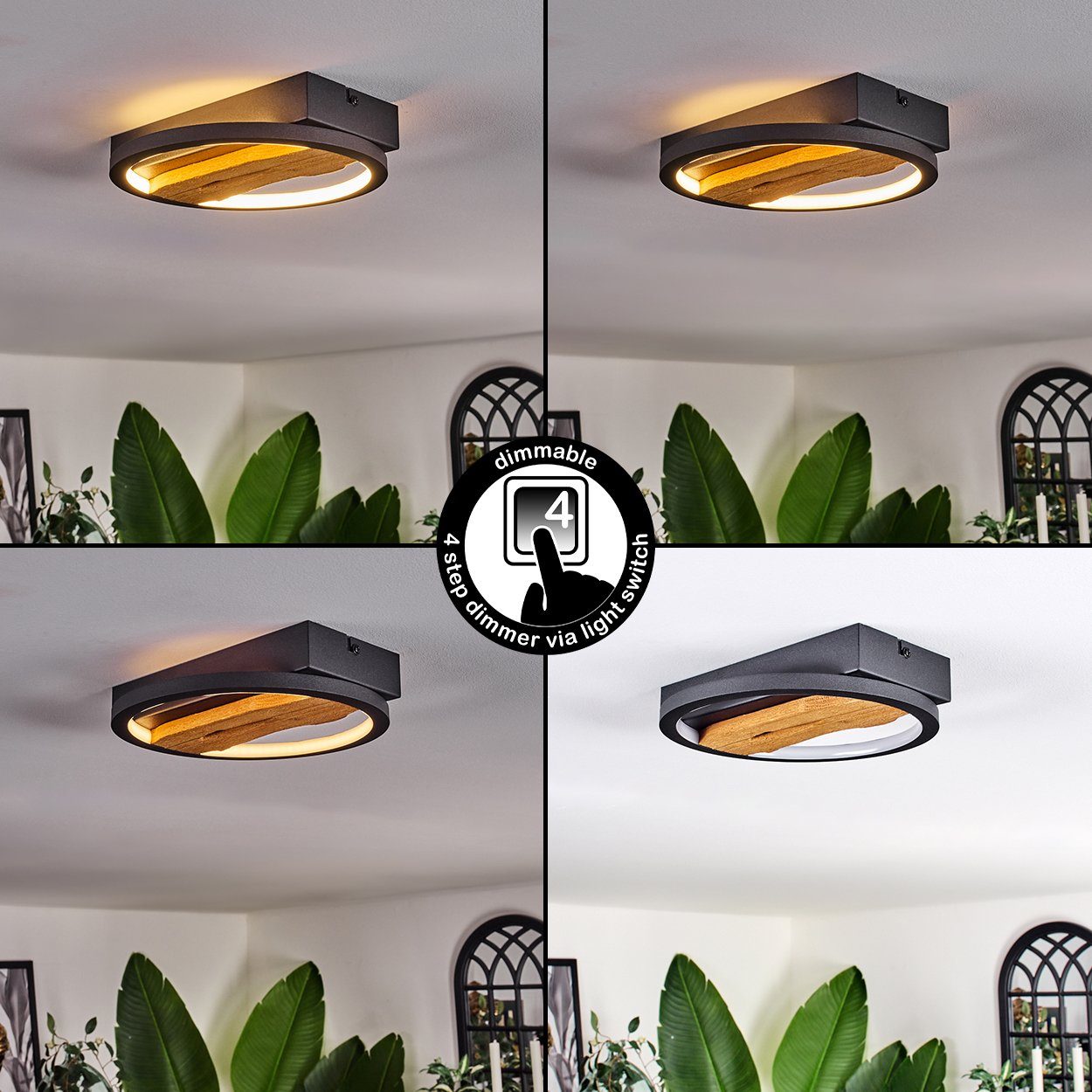 hofstein Deckenleuchte dimmbare Deckenlampe aus Metall/Holz/Kunststoff in Schwarz/Natur/Weiß, LED fest integriert, 3000 Kelvin, Leuchte Länge 22cm, 12 Watt, 1700 Lumen, dimmbar über Lichtschalter