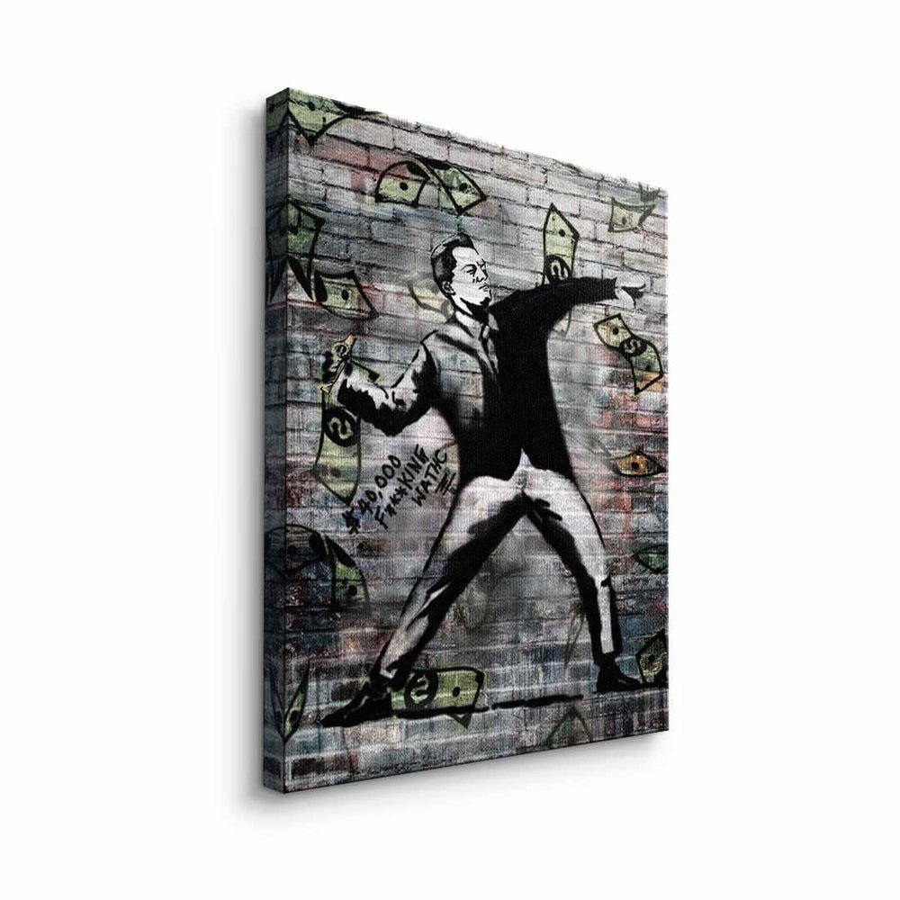 DOTCOMCANVAS® Leinwandbild, Leinwandbild Banksy streetart weißer weiß geld schwarz Rahmen premium watch 40k mit
