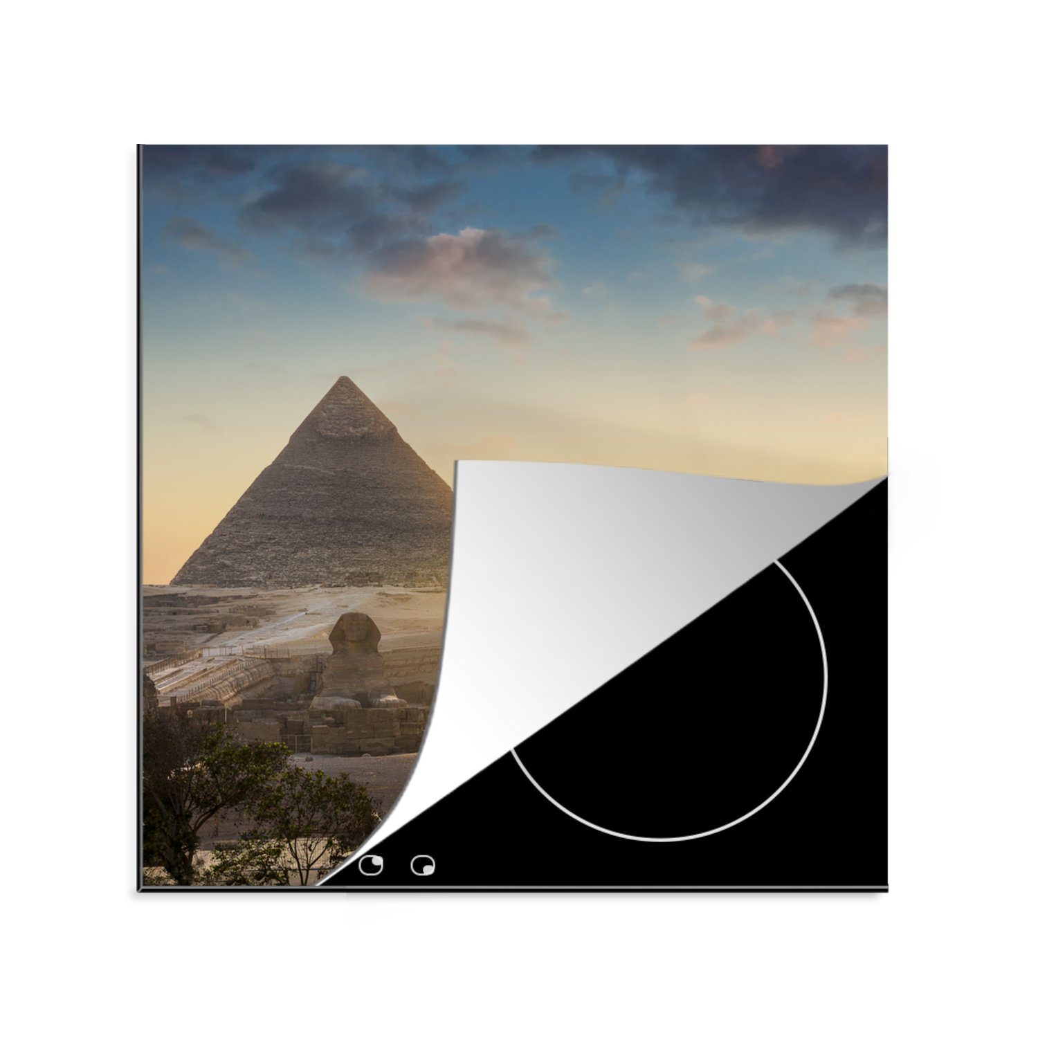 für Vinyl, 78x78 Sonnenuntergang Pyramide der Kairoer küche (1 MuchoWow tlg), - neben cm, Ägypten, Arbeitsplatte Herdblende-/Abdeckplatte Ceranfeldabdeckung,