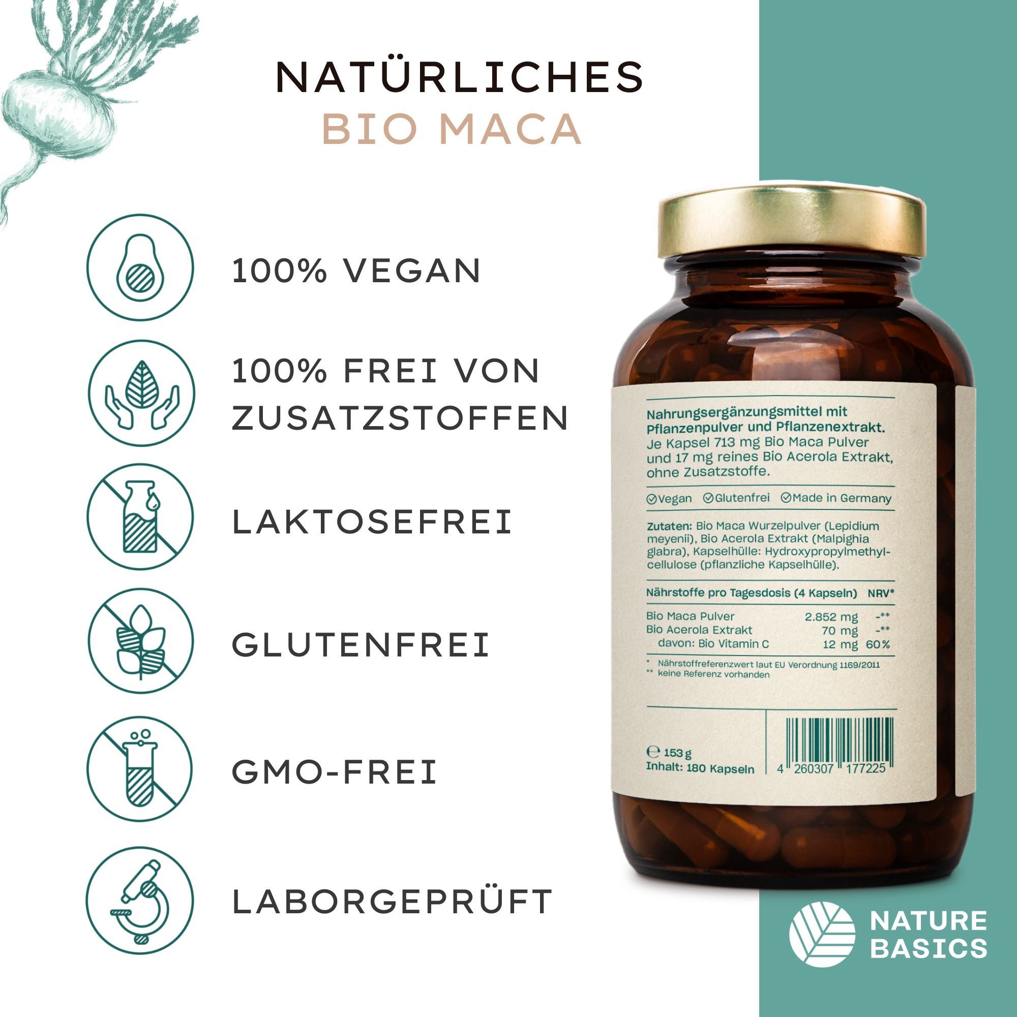 Nature Basics Hochwertiges Bio Maca mit Vitamin C Vegan im Braunglas 180 Kapseln, 180 St., 153 g