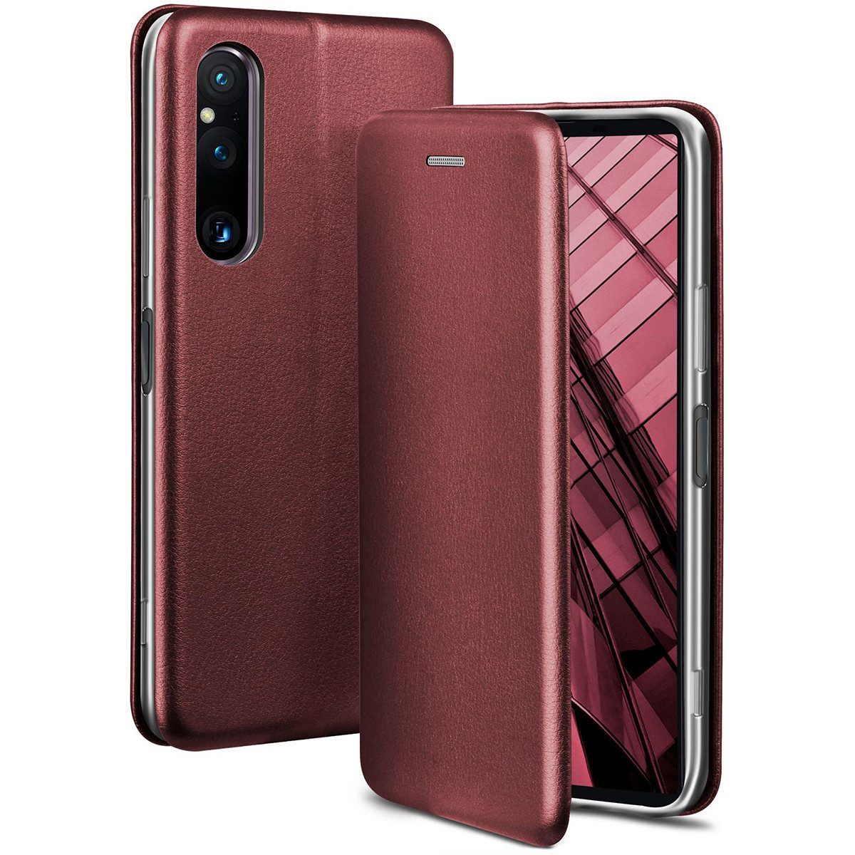 ONEFLOW Handyhülle für Sony Xperia 1 V Premium Hülle Business Cover Rot 6,5 Zoll, 360 Grad Schutzhülle Flip Case Etui Klapphülle Dünn Leder Handy Tasche