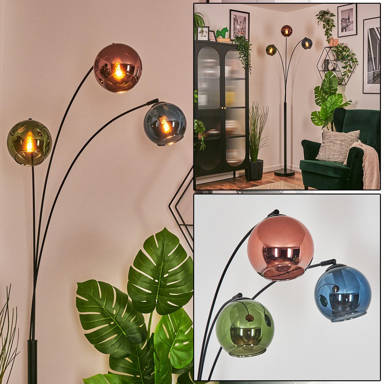 hofstein Stehlampe Stehlampe aus Metall/Glas in Schwarz/Blau/Grün/Kupferfarben, verstellbare Stehleuchte im Vintage-Design, Fußschalter, 210 cm, 3xE14