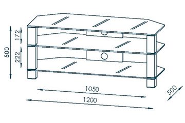 möbelando TV-Rack 1653, aus Metall / ESG-Sicherheitsglas in Metall Alu - Klarglas mit 3 Einlegeböden. Abmessungen (BxHxT) 120x50x50 cm
