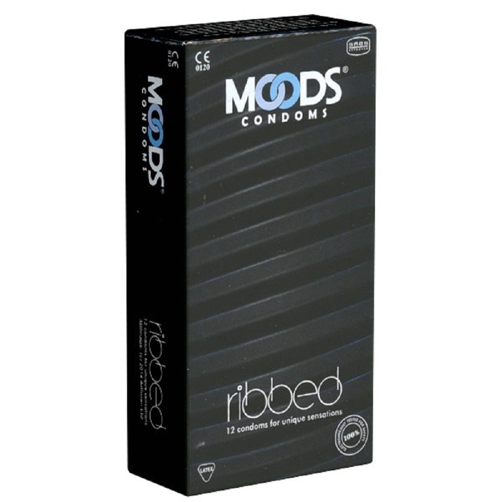 MOODS Condoms Kondome Ribbed Condoms für einzigartiges Vergnügen, Packung mit, 12 St., lila Kondome mit Rippen, Stoß für Stoß dem Orgasmus näher kommen
