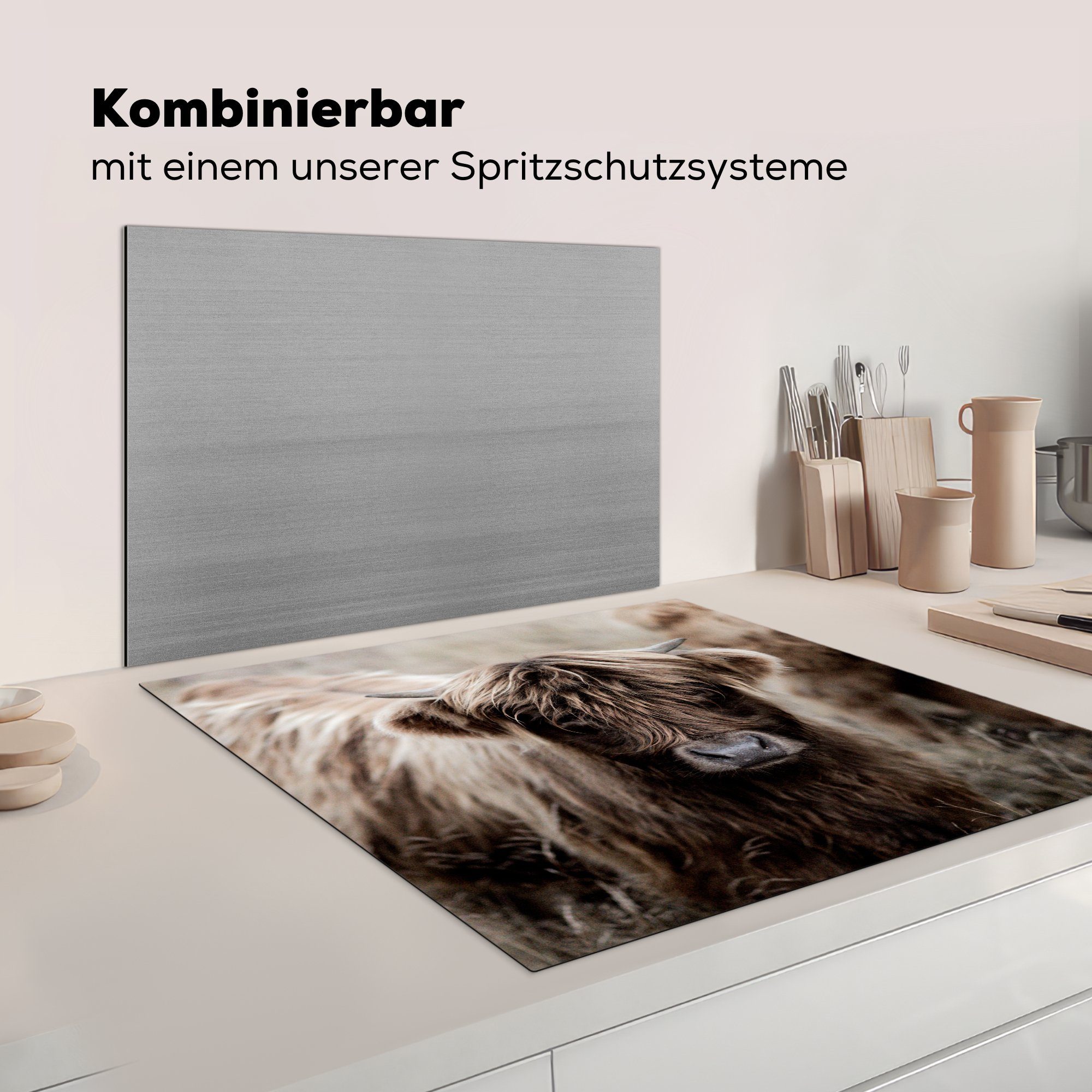 MuchoWow Braun, Arbeitsplatte (1 Ceranfeldabdeckung, 78x78 tlg), für Kühe cm, Herdblende-/Abdeckplatte küche - Vinyl, Schottischer Hochländer -