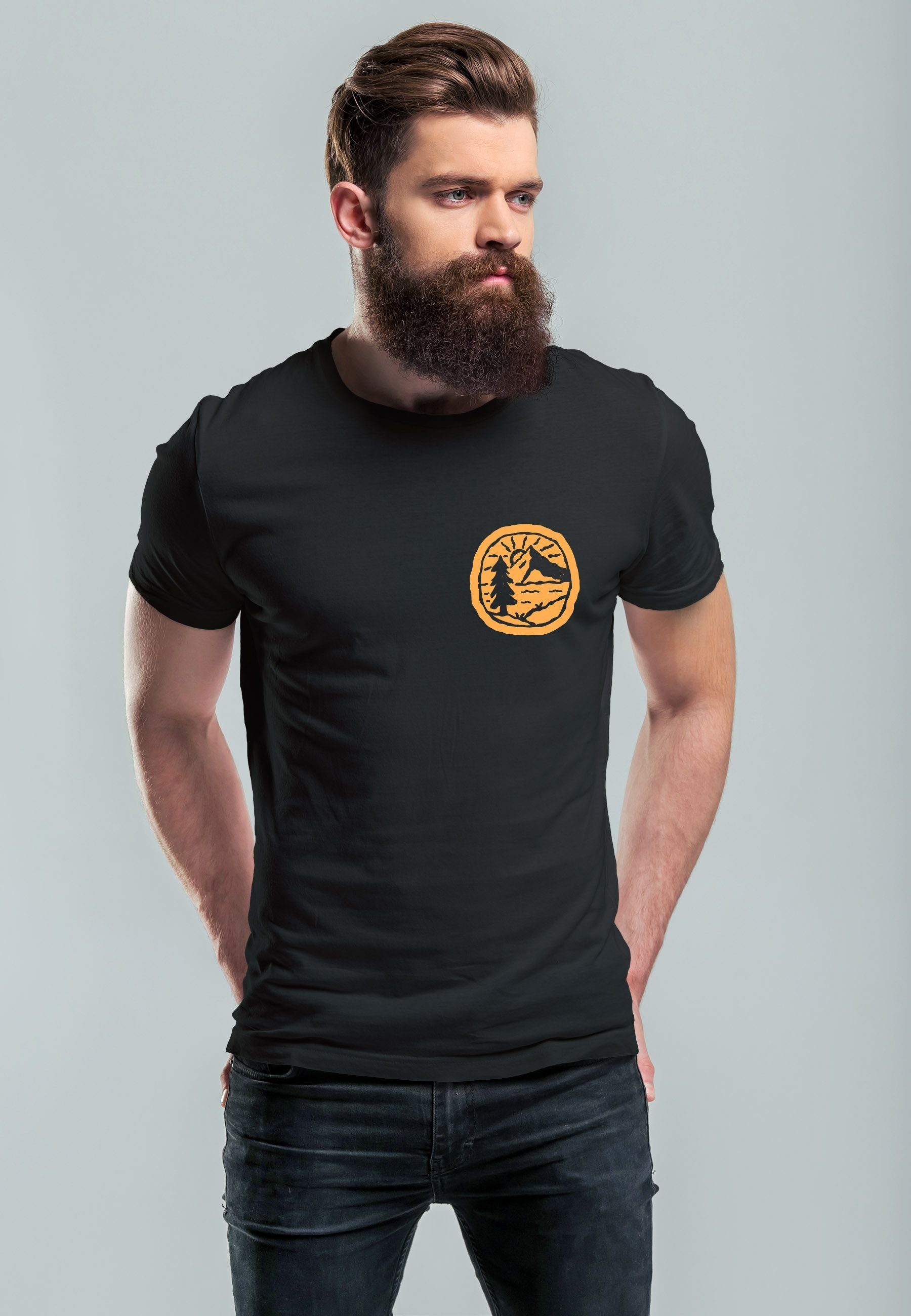 T-Shirt Berge Print mit Outdoor Herren Landschaft Print Neverless Logo Wandern schwarz Natur Badge Print-Shirt