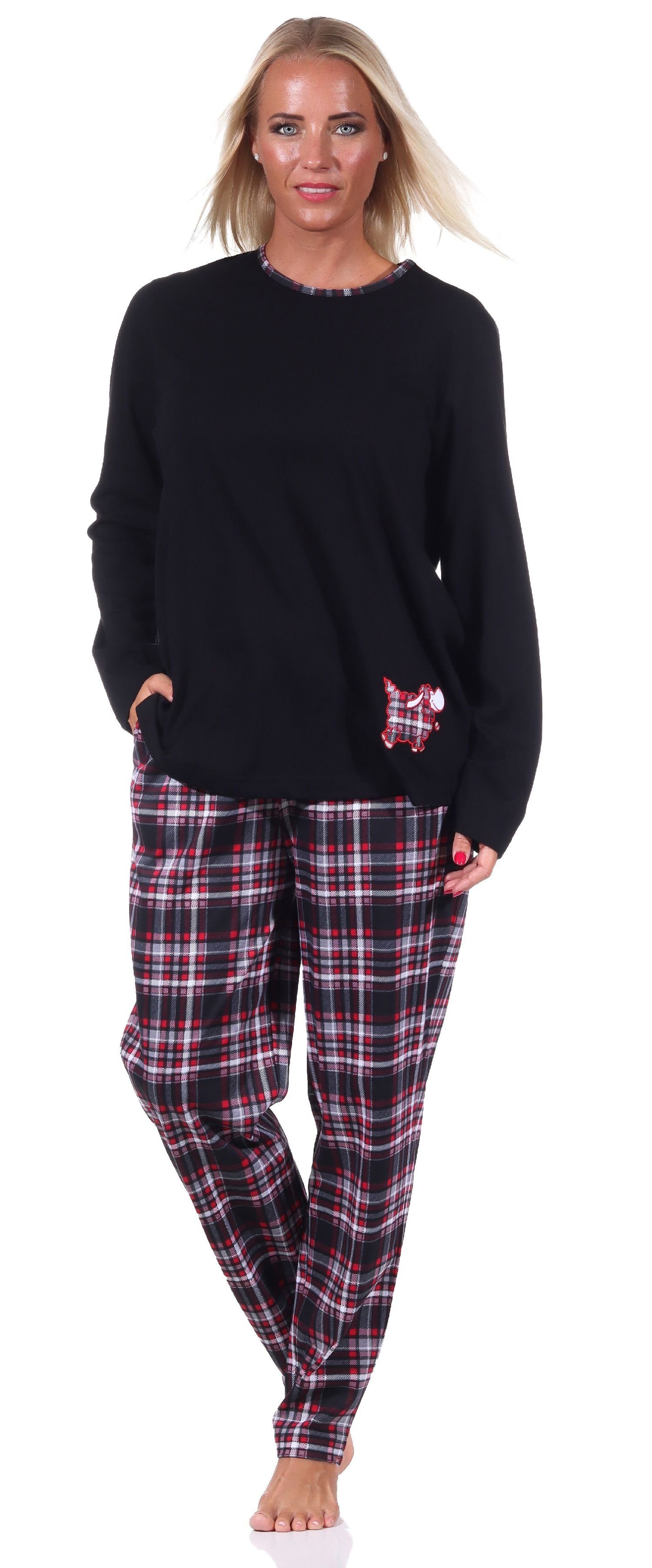 Normann Pyjama Damen Pyjama mit Karohose und süssen Tiermotiv - auch in Übergrößen schwarz