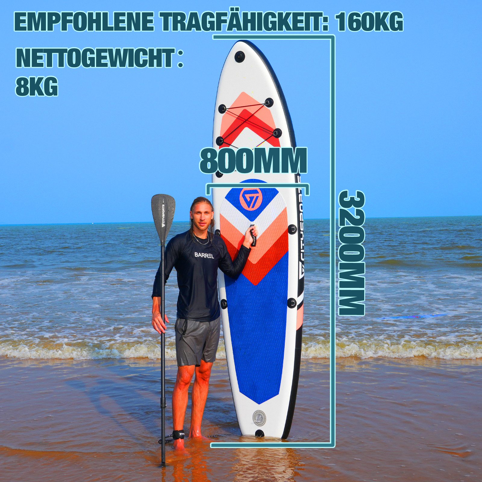 CITYSPORTS Inflatable SUP-Board aufblasbares Stand Up Paddle Board set bis 160/220 kg, Komplettset mit Paddel, Pumpe, Rucksack, Leash, Finnen & Kajak-Sitz