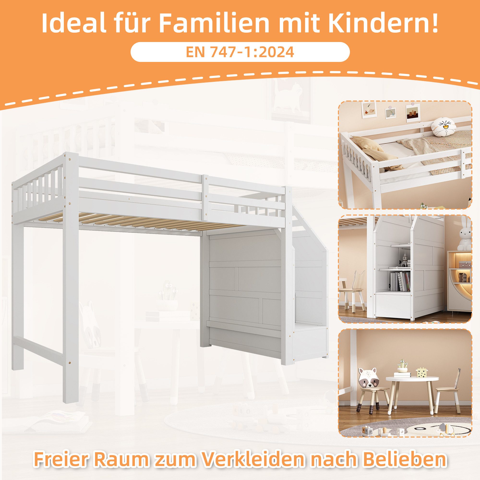 Ulife Loft Bed, Children's Bed, Youth Bed, Wooden Bed, Free Space Under the Bed (without mattress), Creative Storage Ladder, 90x200cm