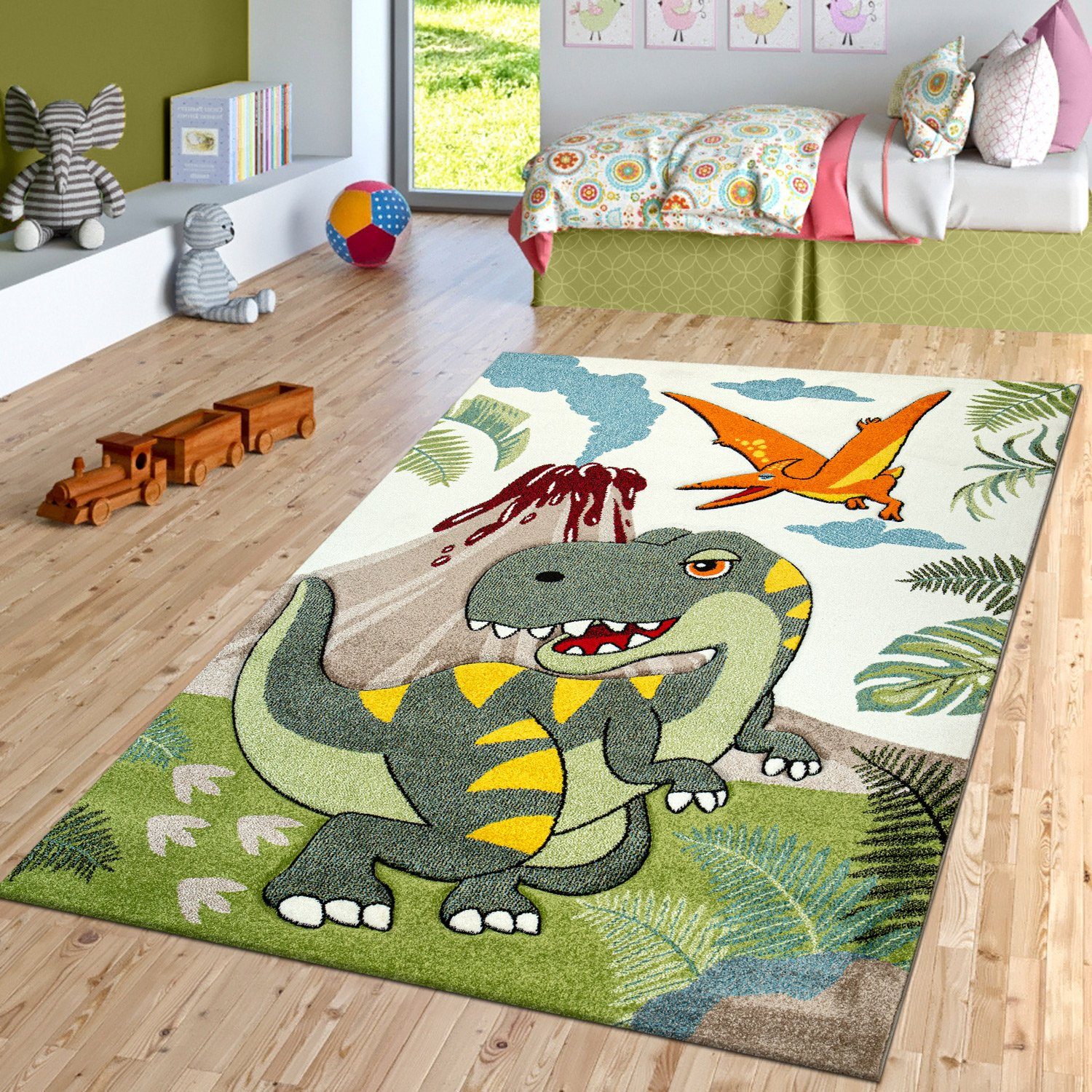 Kinderteppich Kinderzimmer Kurzflor Teppich Dinosaurier Motiv Konturenschnitt, TT Home, Läufer, Höhe: 16 mm