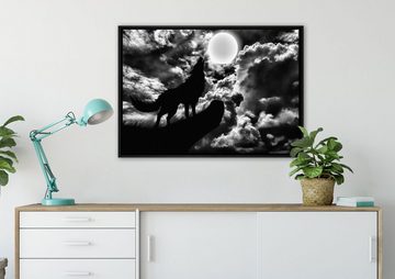 Pixxprint Leinwandbild Wolf im Mondschein, Wanddekoration (1 St), Leinwandbild fertig bespannt, in einem Schattenfugen-Bilderrahmen gefasst, inkl. Zackenaufhänger